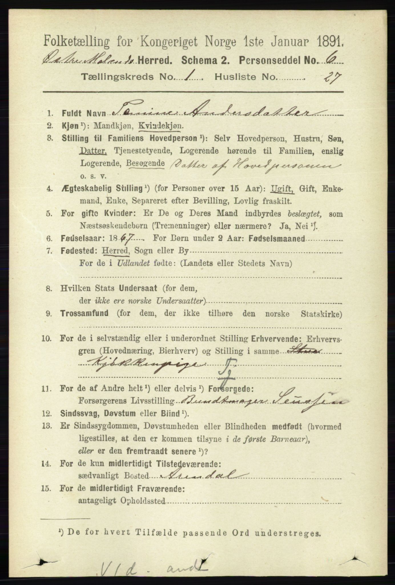 RA, 1891 census for 0918 Austre Moland, 1891, p. 265