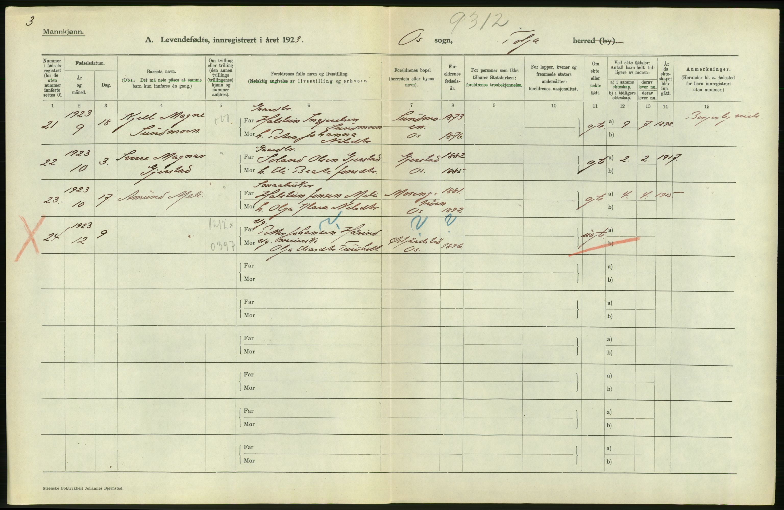 Statistisk sentralbyrå, Sosiodemografiske emner, Befolkning, RA/S-2228/D/Df/Dfc/Dfcc/L0011: Hedmark fylke: Levendefødte menn og kvinner. Bygder og byer., 1923, p. 106