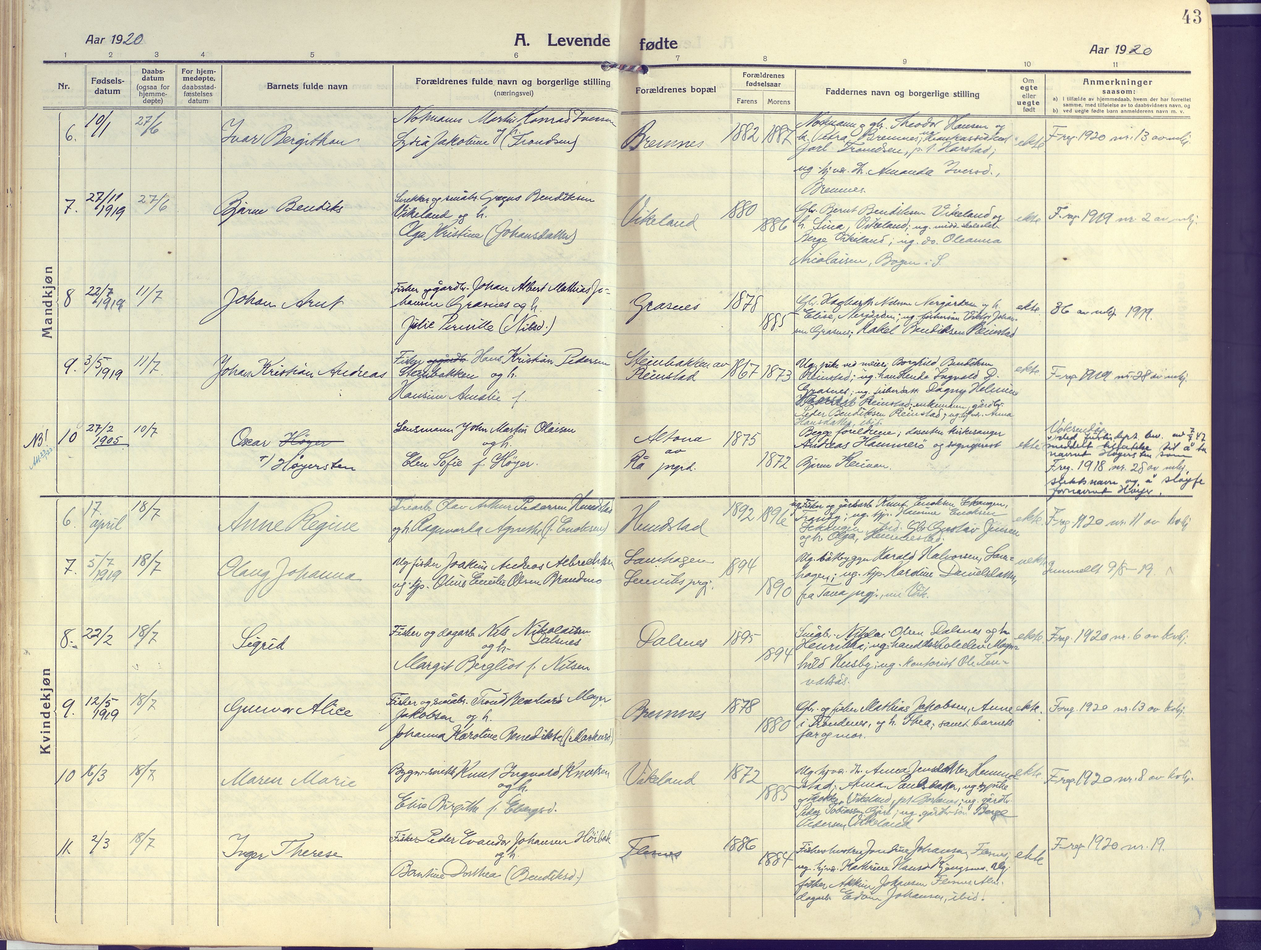 Kvæfjord sokneprestkontor, SATØ/S-1323/G/Ga/Gaa/L0007kirke: Parish register (official) no. 7, 1915-1931, p. 43