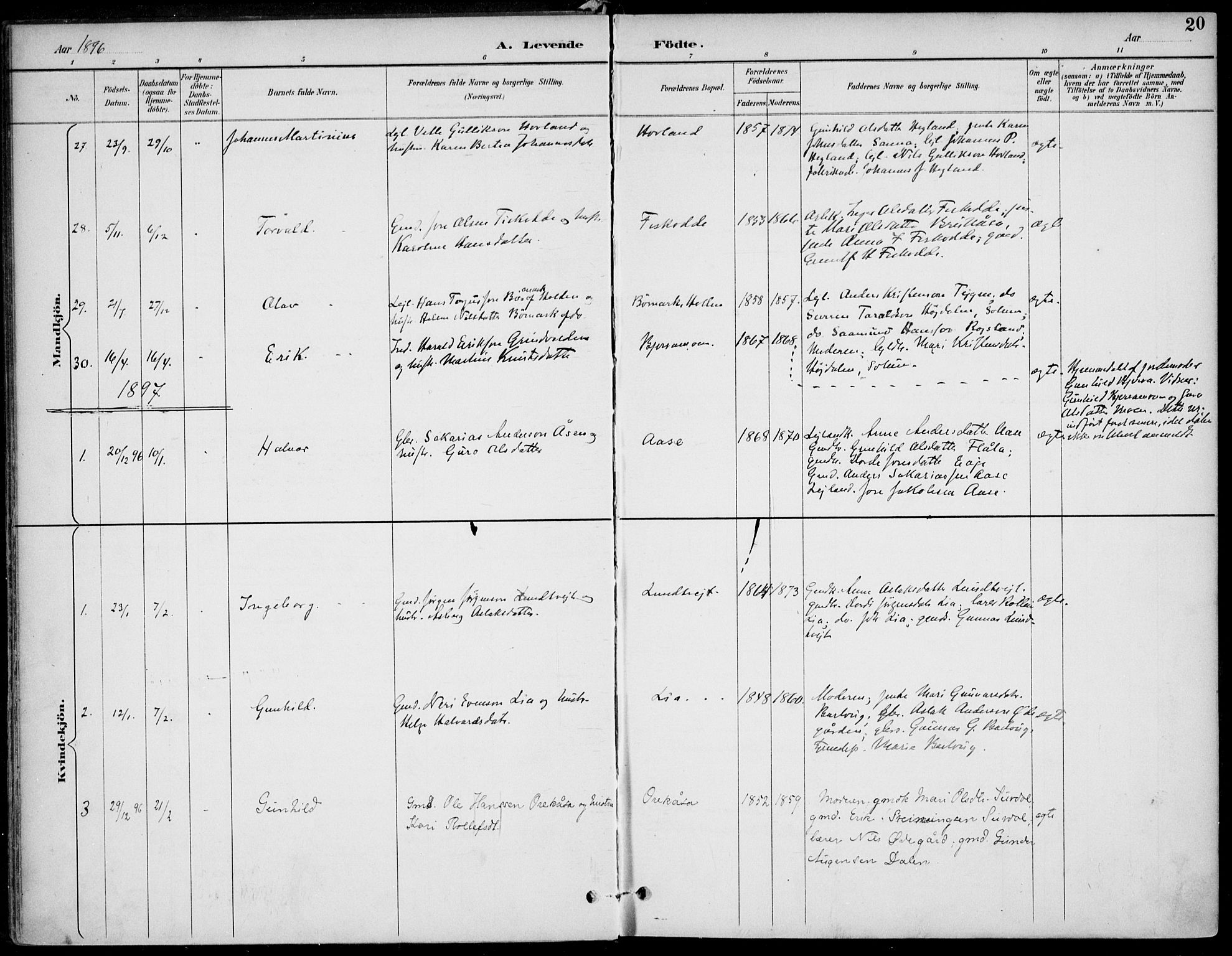 Lunde kirkebøker, AV/SAKO-A-282/F/Fa/L0003: Parish register (official) no. I 3, 1893-1902, p. 20
