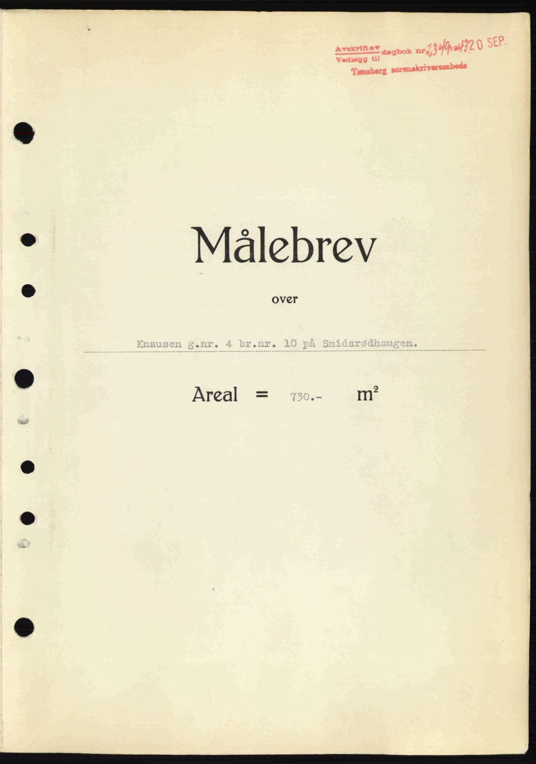 Tønsberg sorenskriveri, AV/SAKO-A-130/G/Ga/Gaa/L0014: Mortgage book no. A14, 1943-1944, Diary no: : 2349/1943