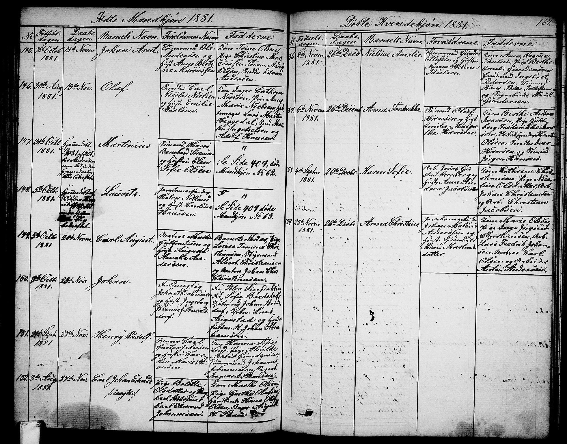 Larvik kirkebøker, SAKO/A-352/G/Ga/L0004: Parish register (copy) no. I 4, 1871-1888, p. 167
