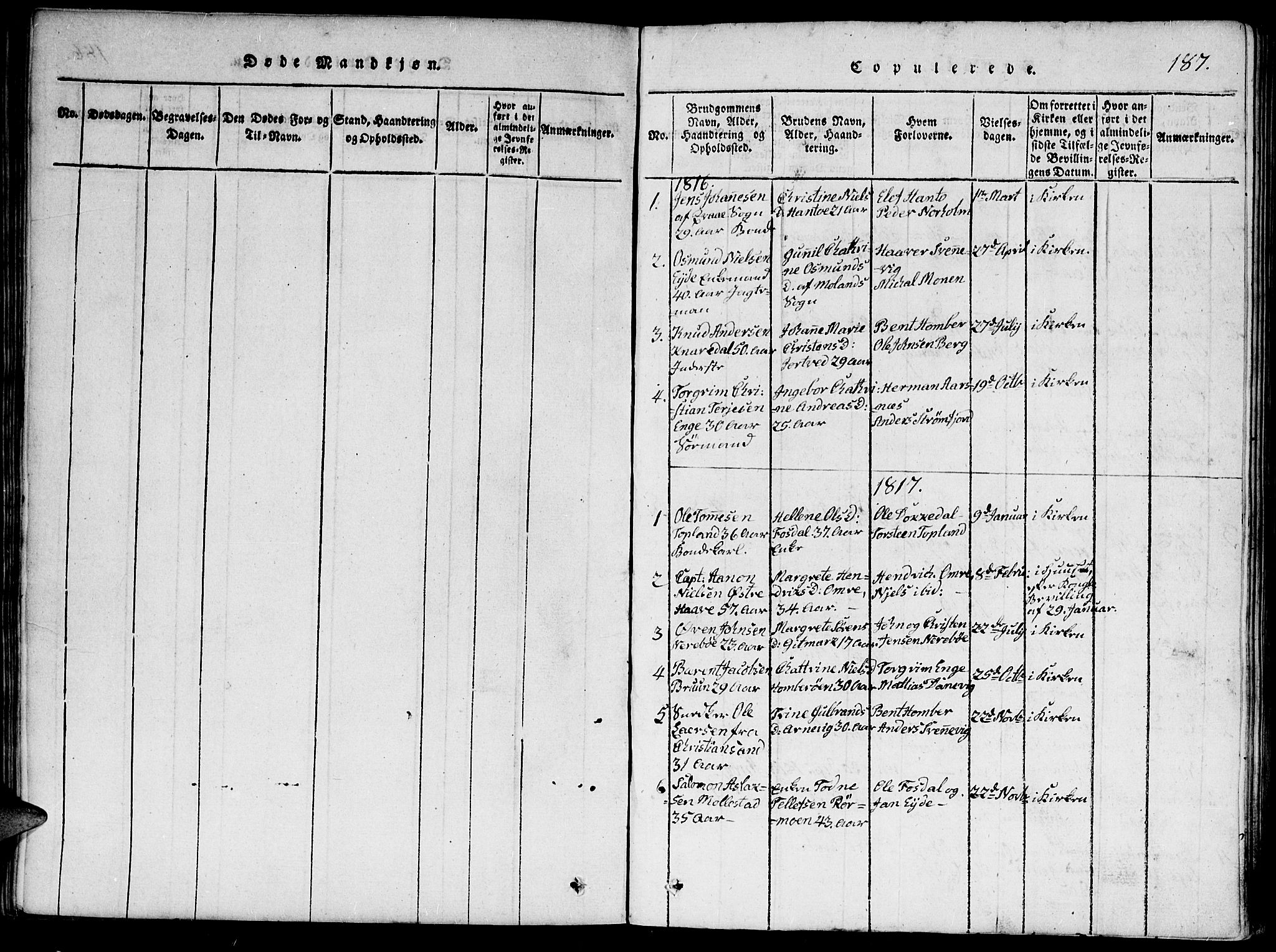 Hommedal sokneprestkontor, SAK/1111-0023/F/Fa/Faa/L0001: Parish register (official) no. A 1, 1816-1860, p. 187