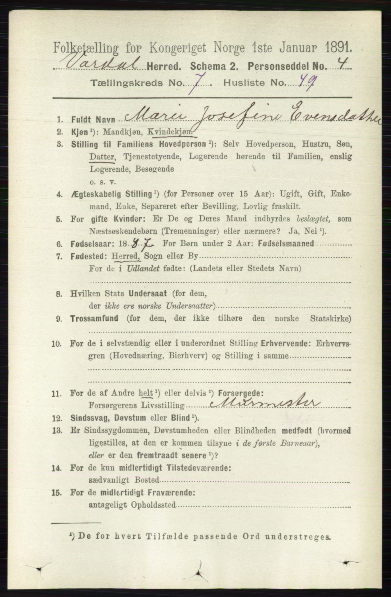 RA, 1891 census for 0527 Vardal, 1891, p. 3304