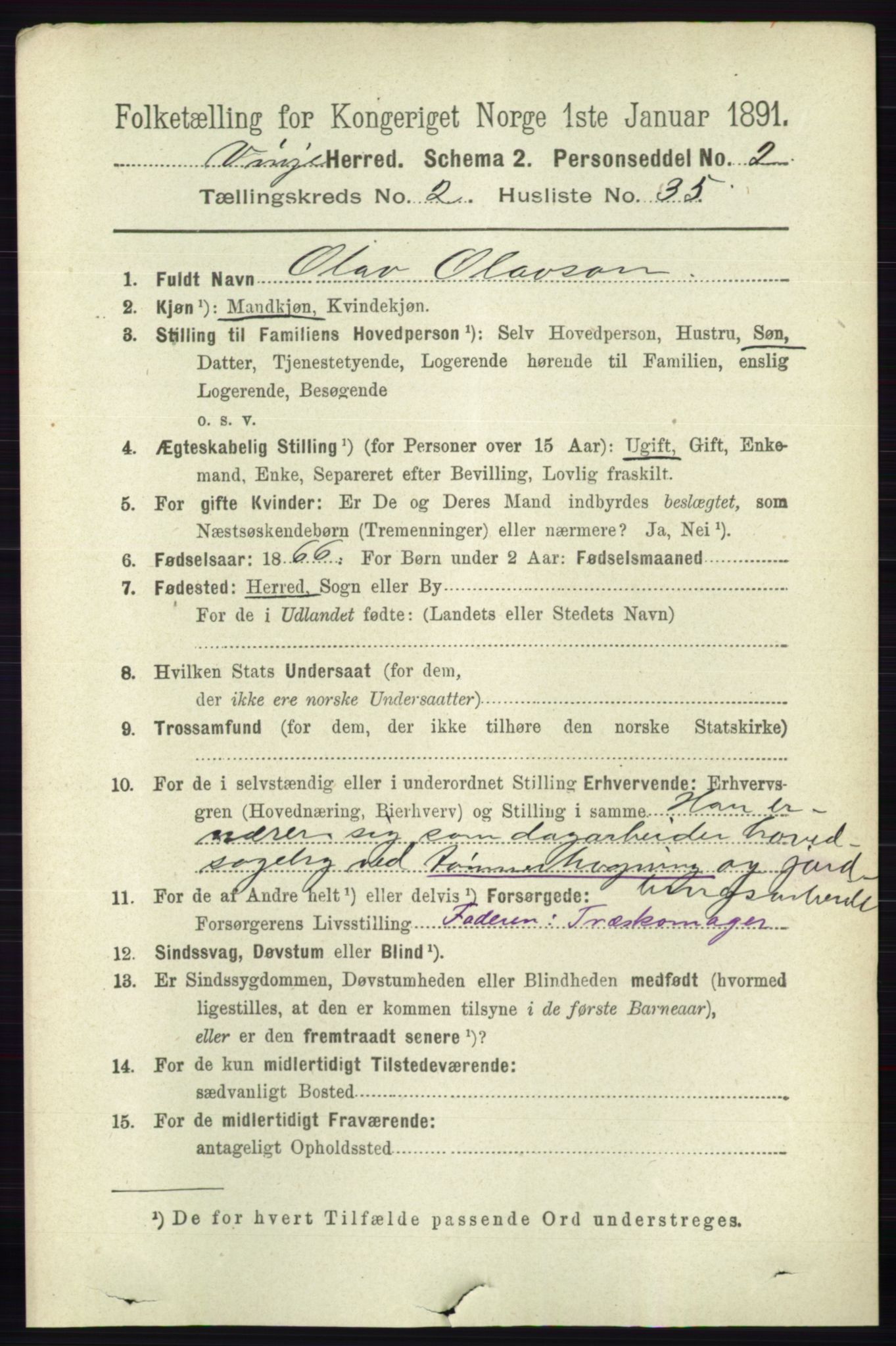 RA, 1891 census for 0834 Vinje, 1891, p. 591