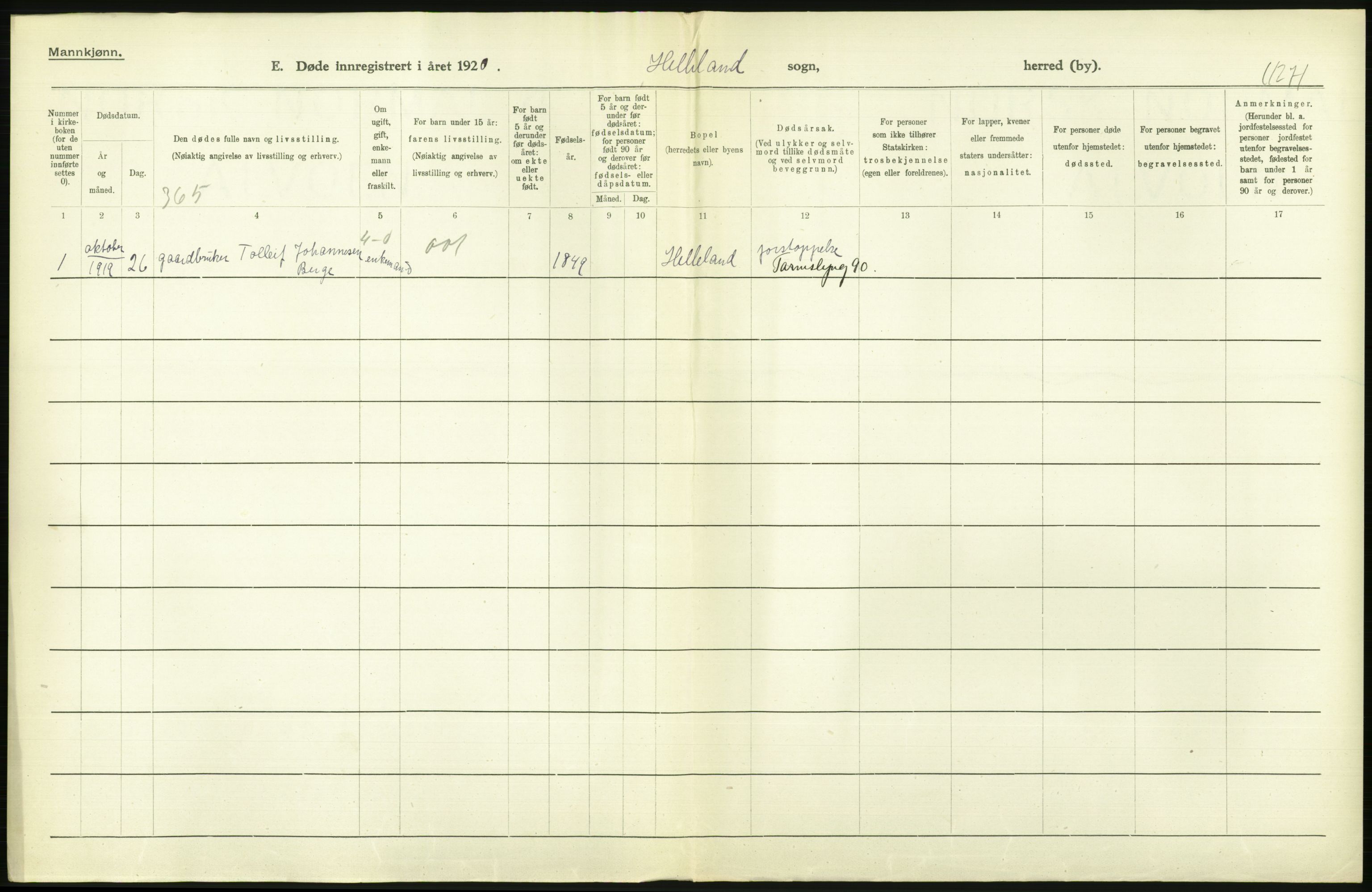 Statistisk sentralbyrå, Sosiodemografiske emner, Befolkning, AV/RA-S-2228/D/Df/Dfb/Dfbi/L0030: Rogaland fylke: Døde. Bygder og byer., 1919, p. 12