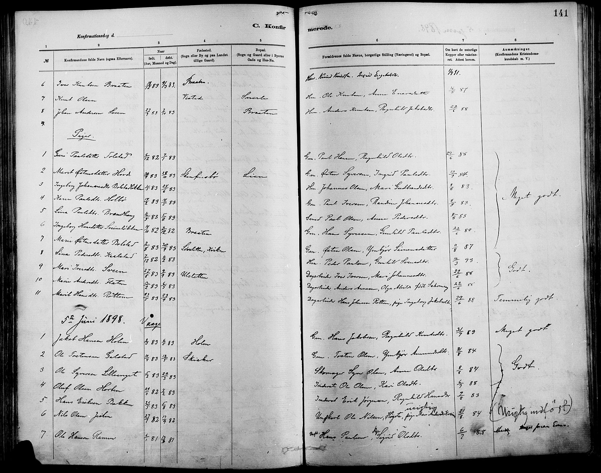 Vågå prestekontor, AV/SAH-PREST-076/H/Ha/Haa/L0009: Parish register (official) no. 9, 1886-1904, p. 141