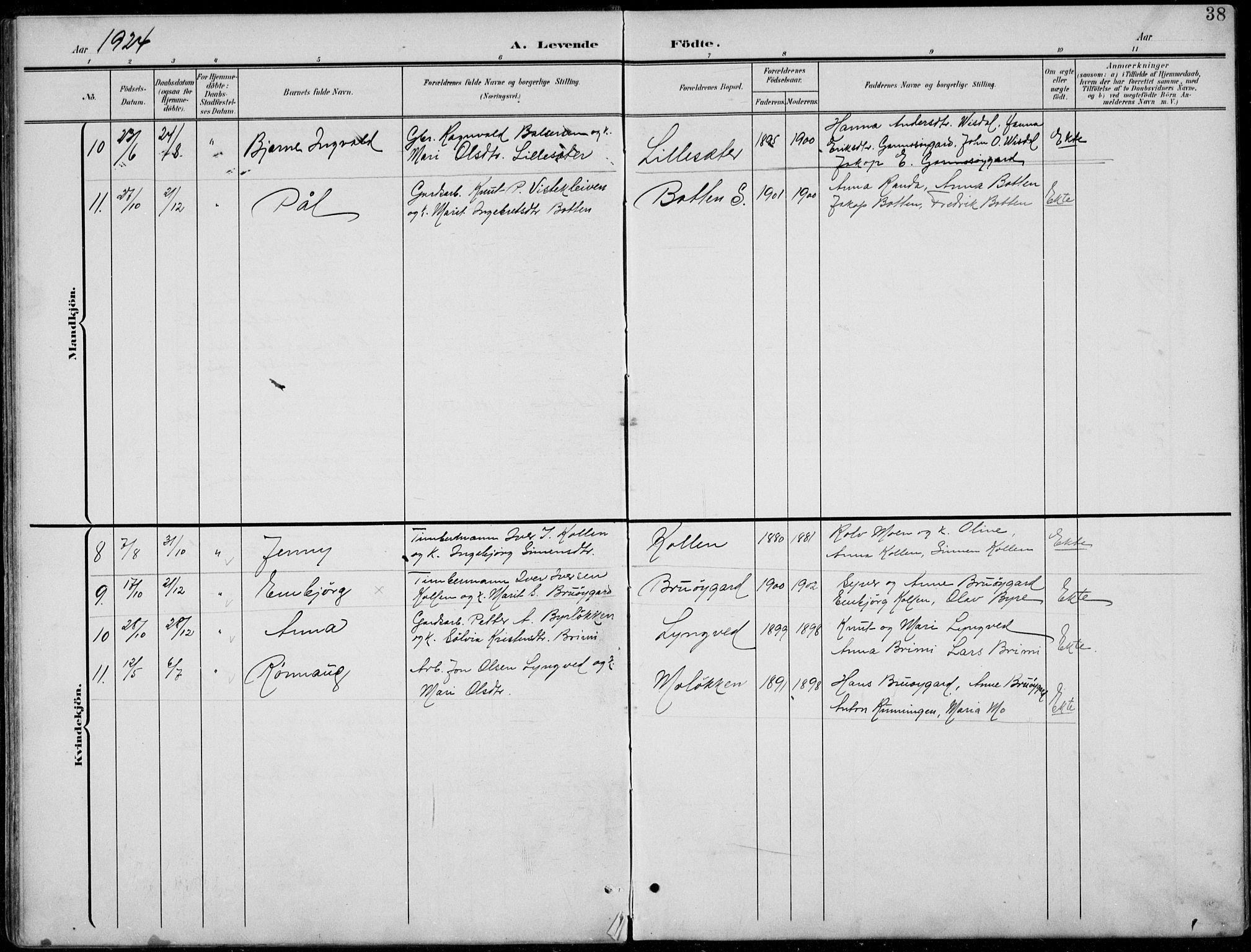 Lom prestekontor, SAH/PREST-070/L/L0006: Parish register (copy) no. 6, 1901-1939, p. 38