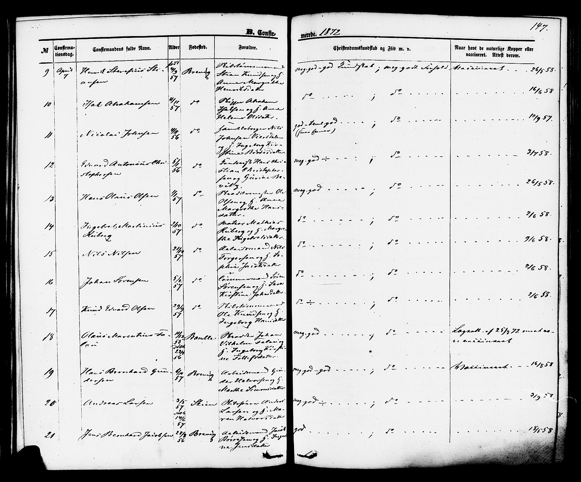 Brevik kirkebøker, SAKO/A-255/F/Fa/L0006: Parish register (official) no. 6, 1866-1881, p. 147