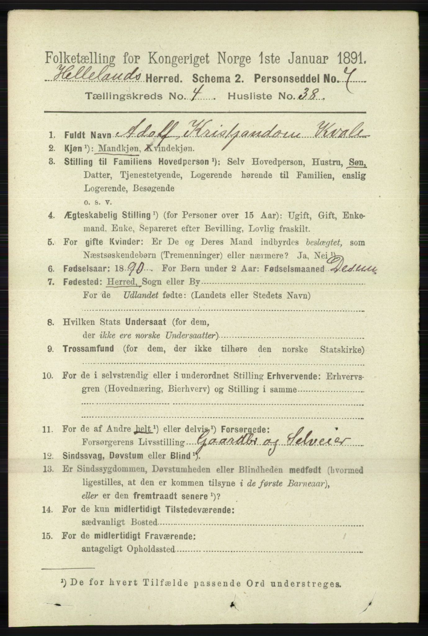 RA, 1891 census for 1115 Helleland, 1891, p. 1407