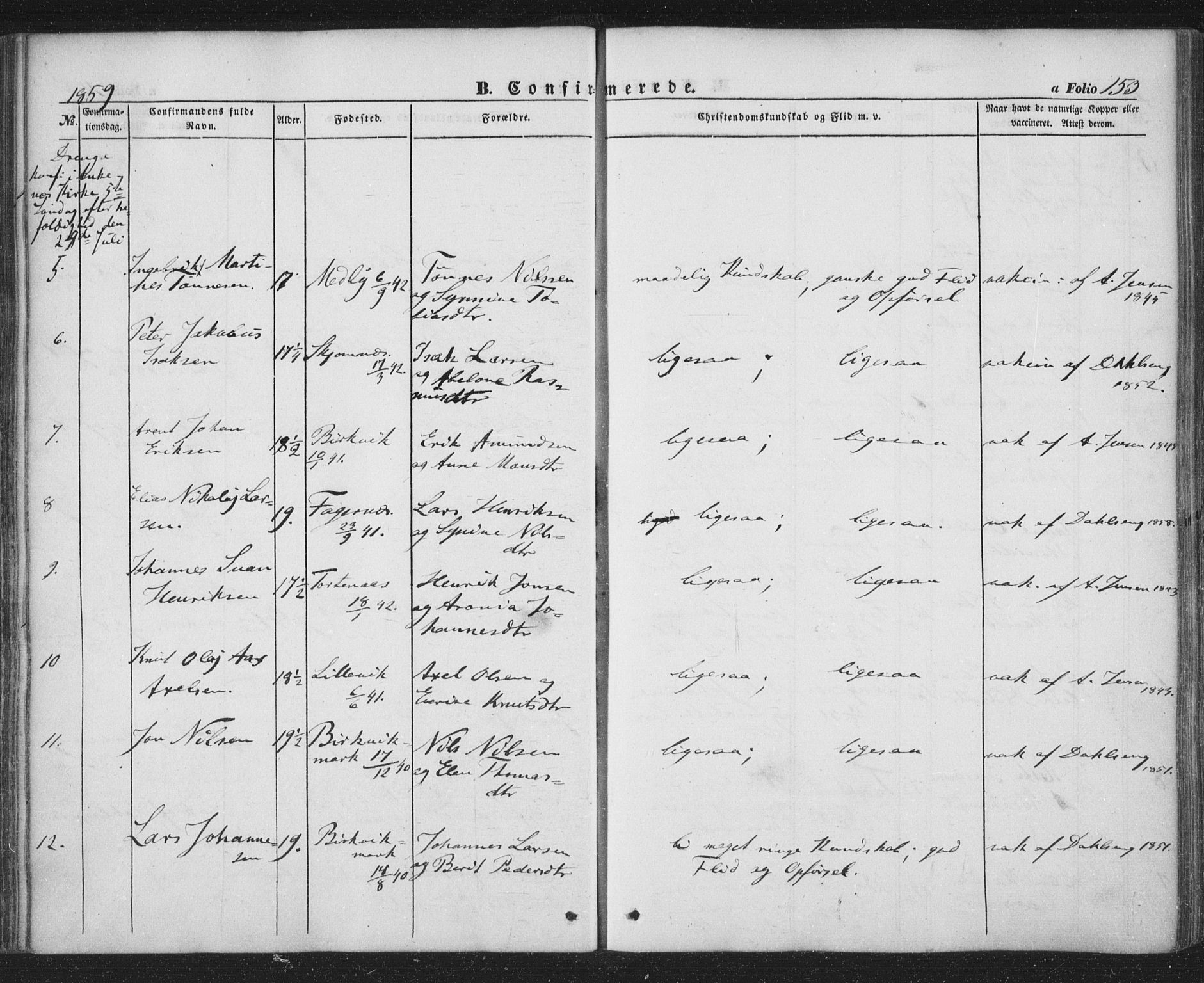 Ministerialprotokoller, klokkerbøker og fødselsregistre - Nordland, AV/SAT-A-1459/863/L0895: Parish register (official) no. 863A07, 1851-1860, p. 153