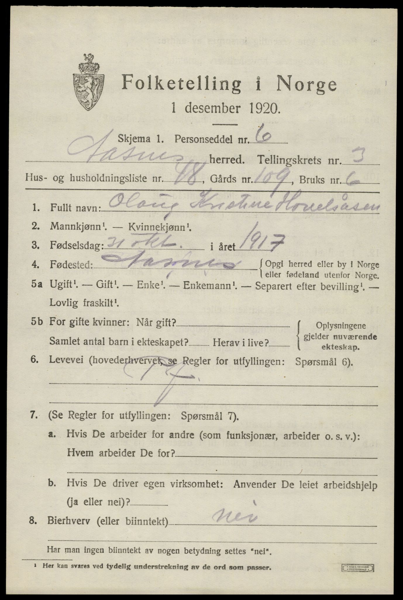 SAH, 1920 census for Åsnes, 1920, p. 4364