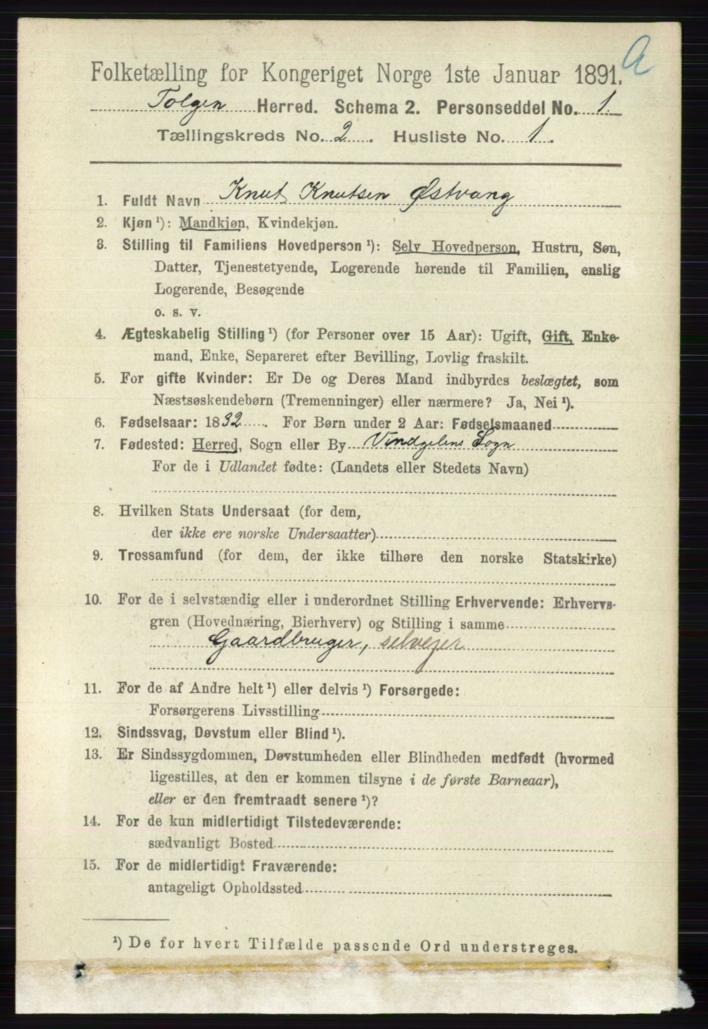 RA, 1891 census for 0436 Tolga, 1891, p. 282