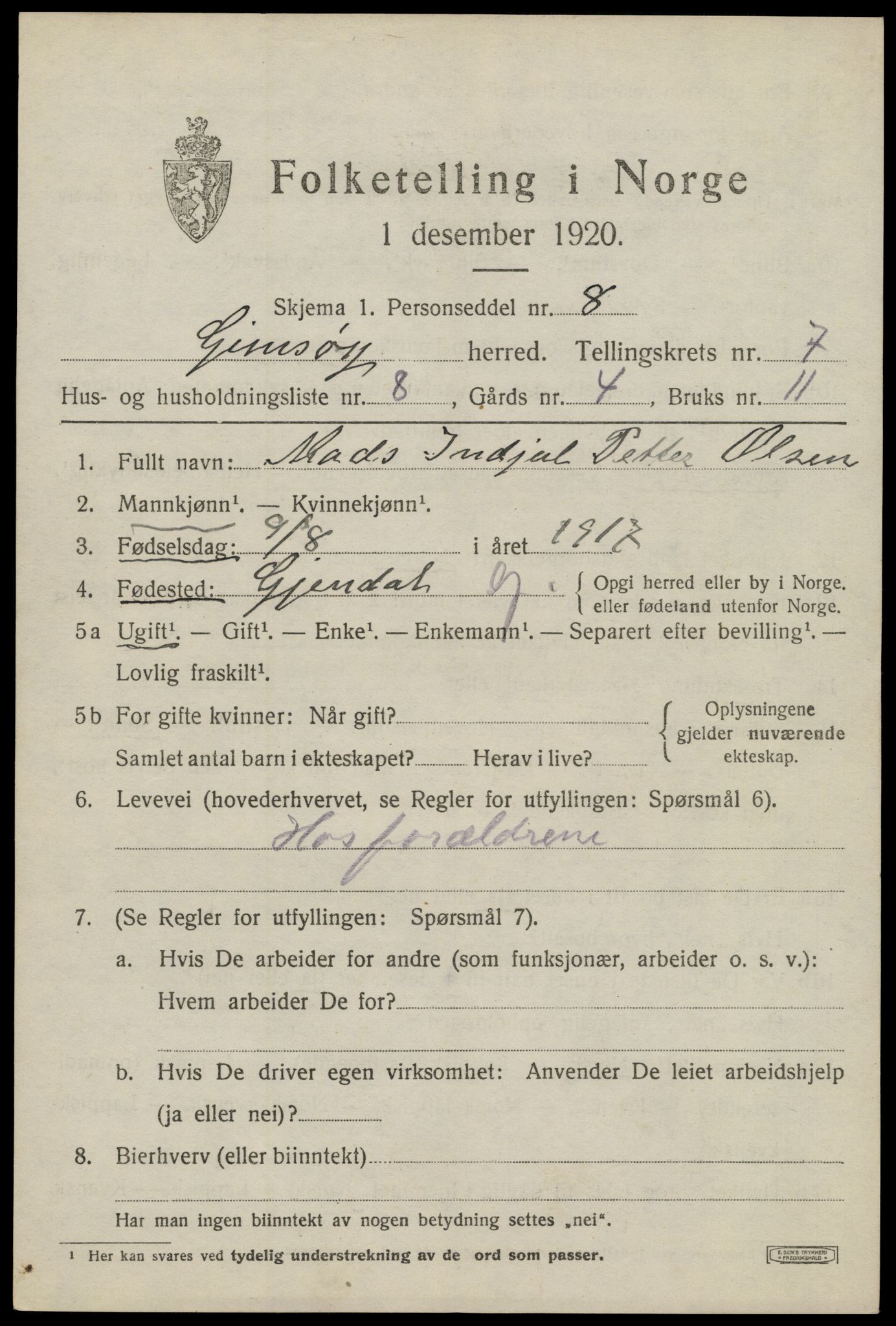 SAT, 1920 census for Gimsøy, 1920, p. 3205