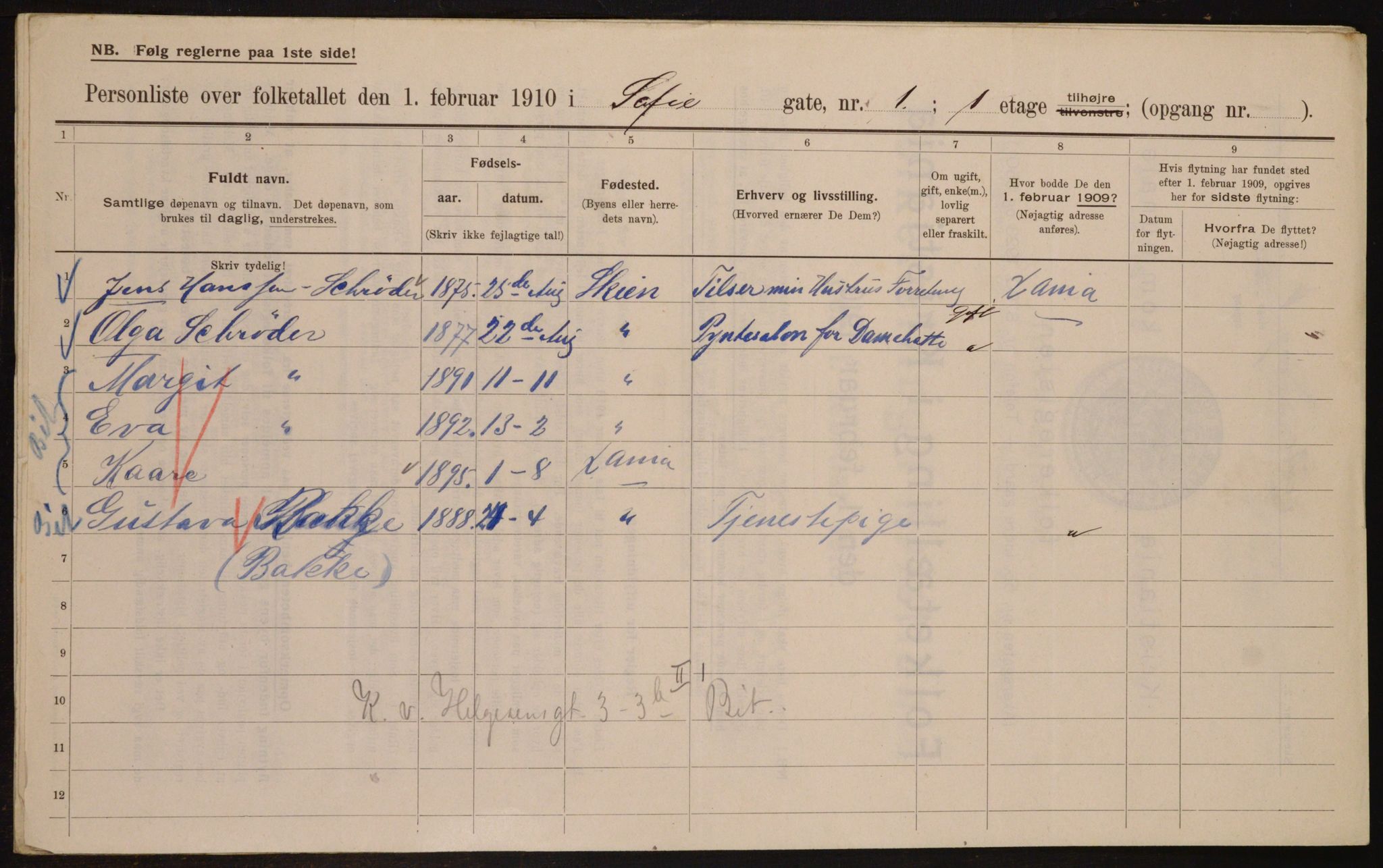 OBA, Municipal Census 1910 for Kristiania, 1910, p. 94052