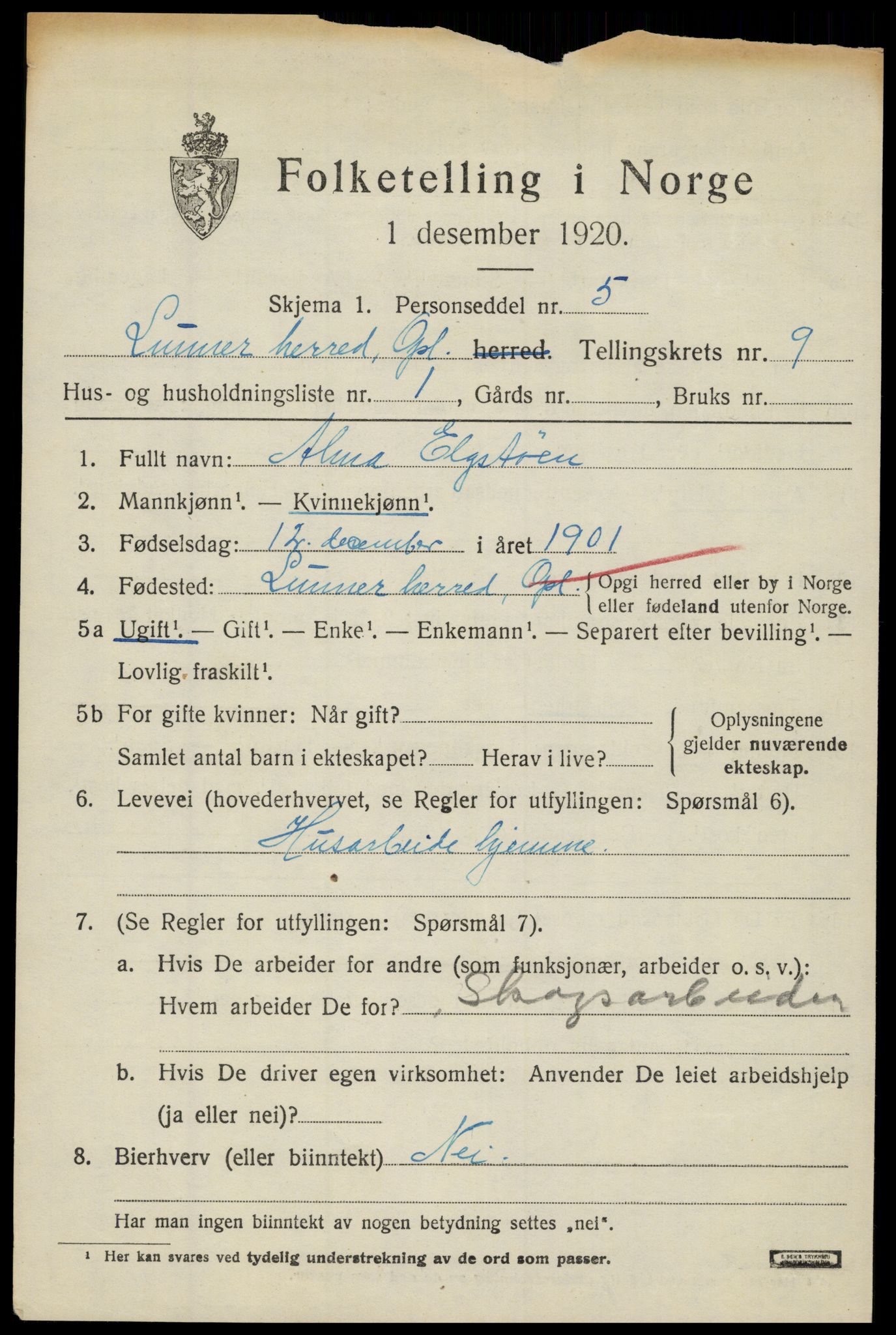 SAH, 1920 census for Lunner, 1920, p. 10349