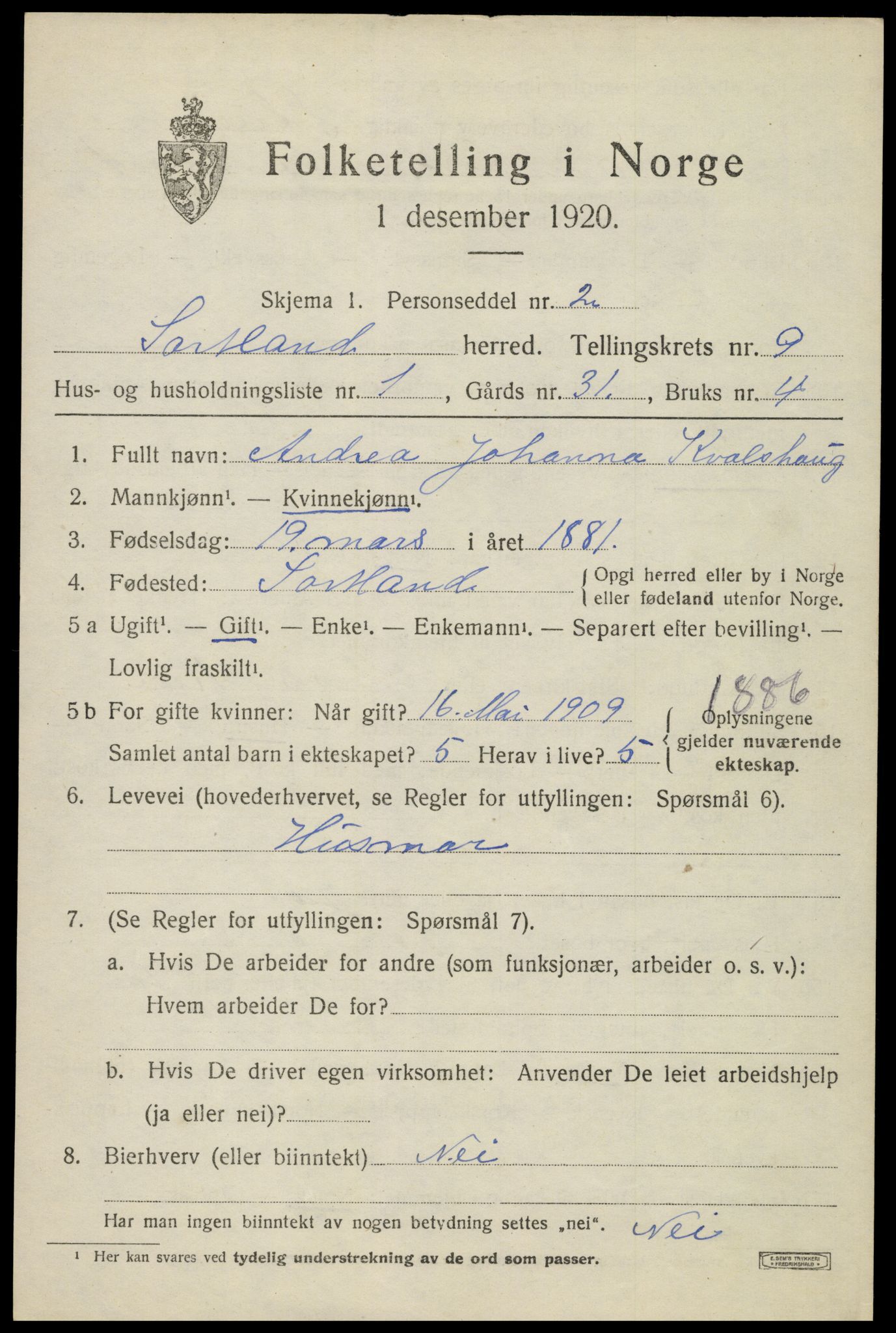 SAT, 1920 census for Sortland, 1920, p. 7126