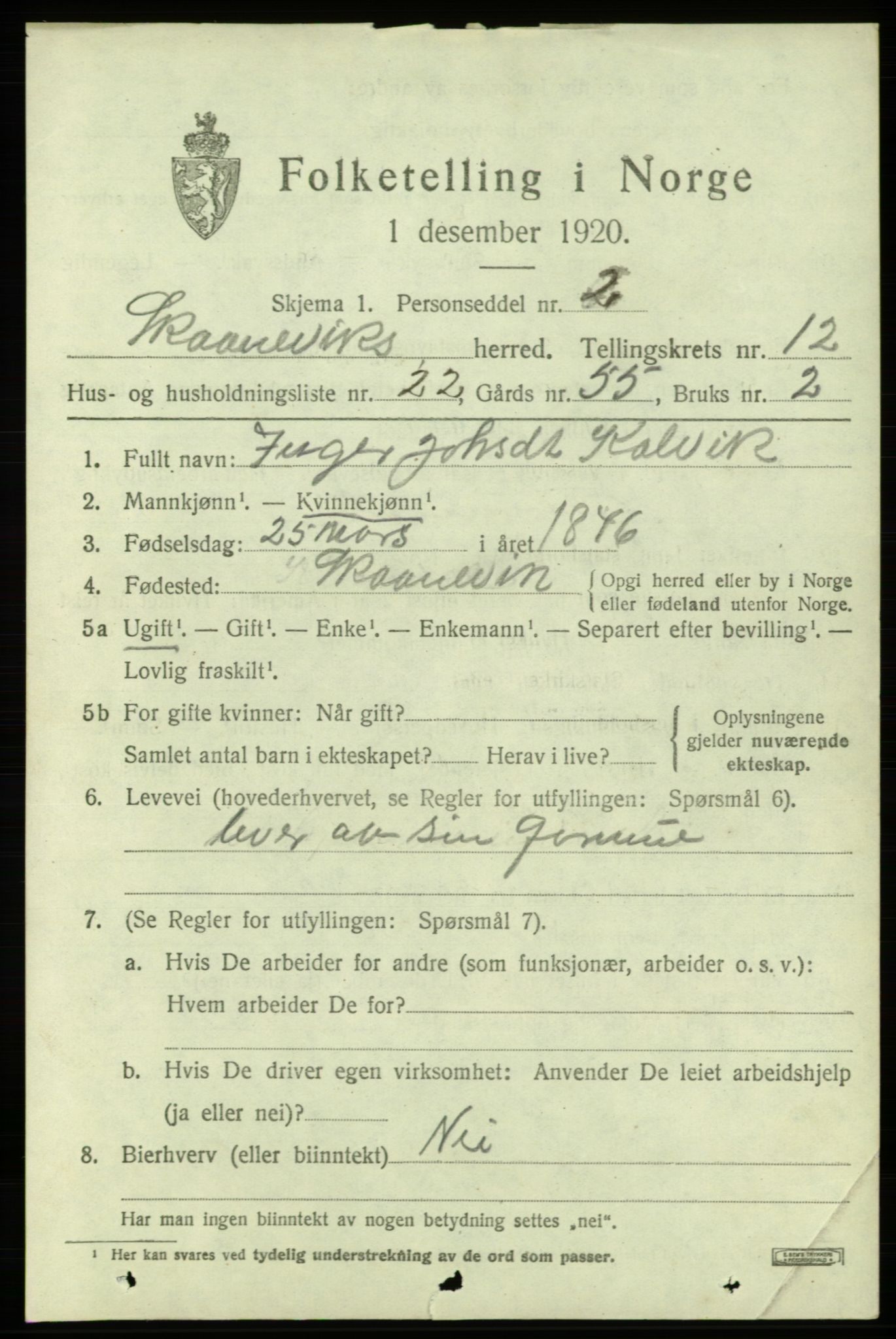 SAB, 1920 census for Skånevik, 1920, p. 5497