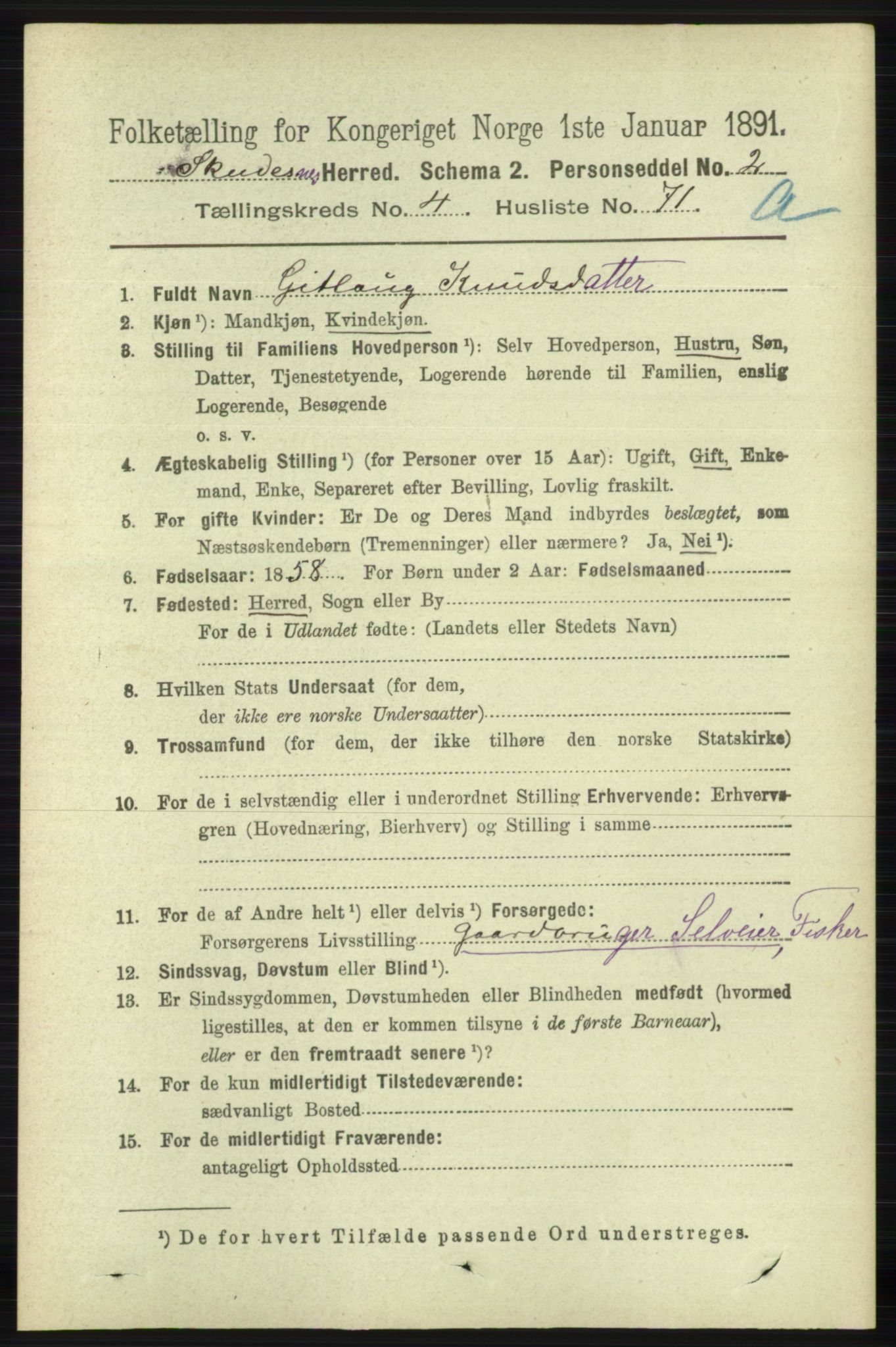 RA, 1891 census for 1150 Skudenes, 1891, p. 2274