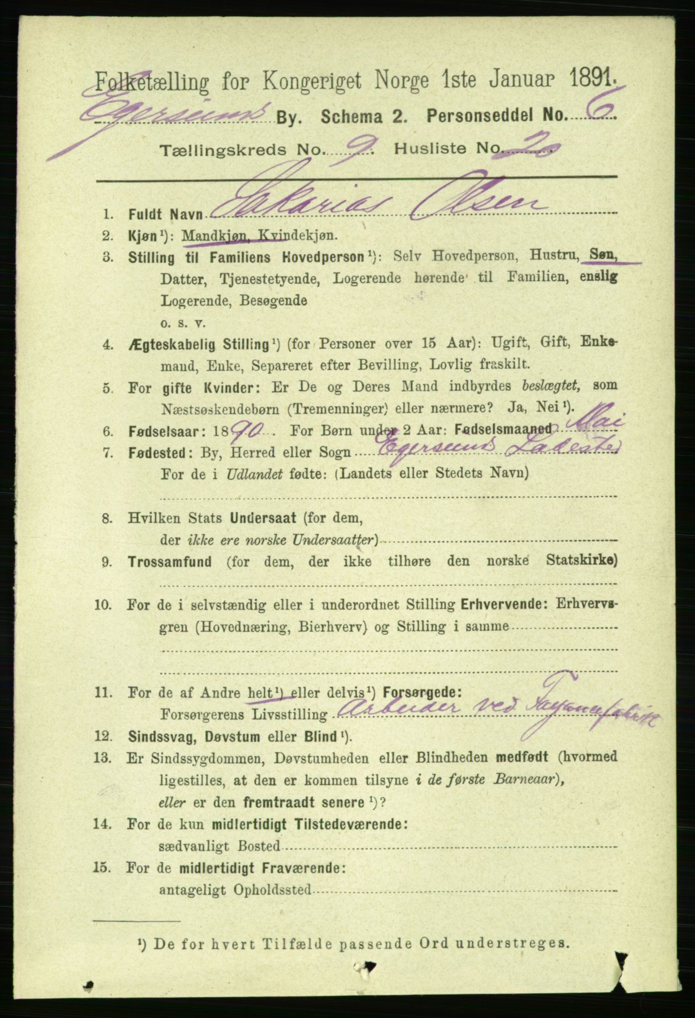 RA, 1891 census for 1101 Egersund, 1891, p. 1723