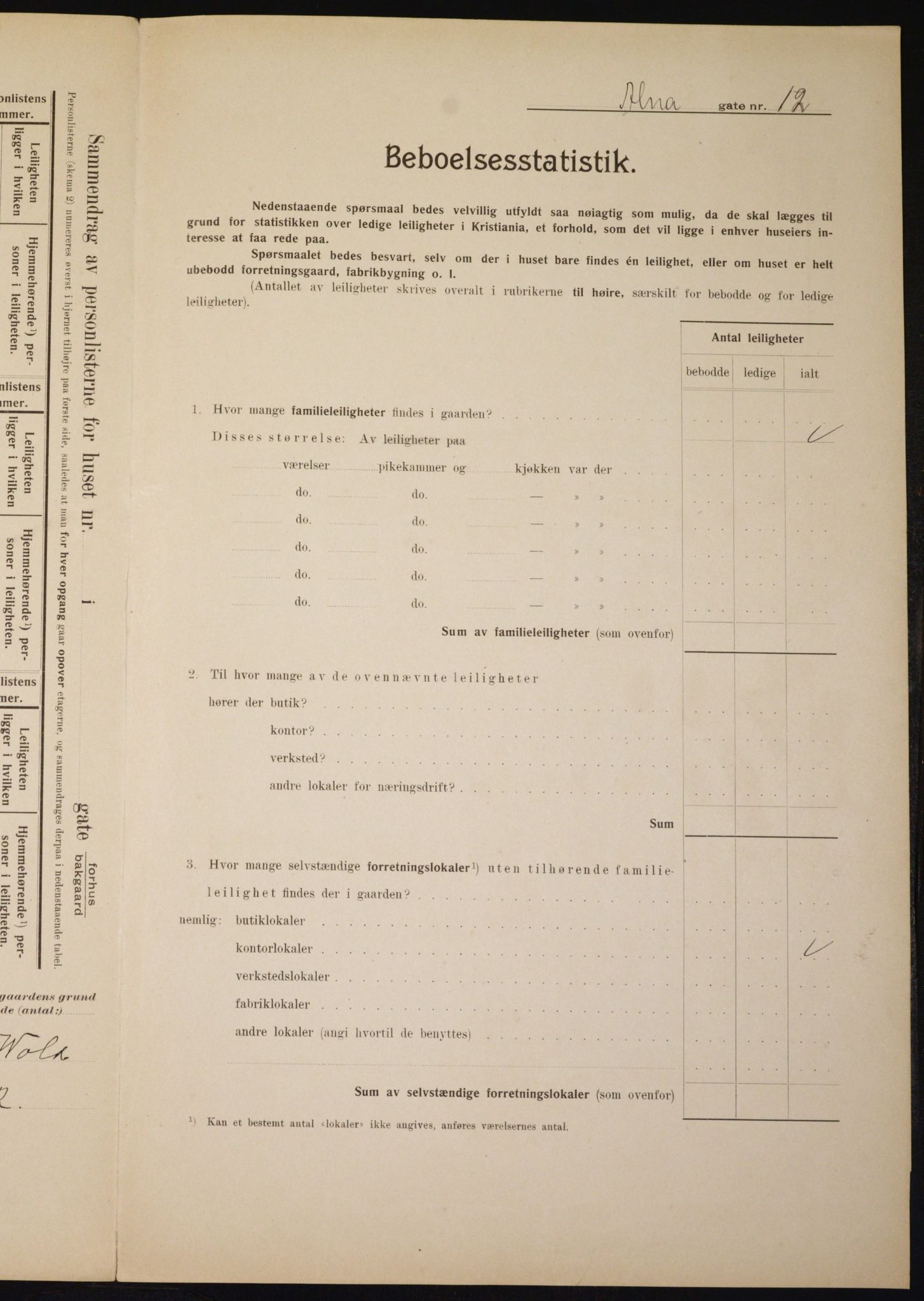 OBA, Municipal Census 1910 for Kristiania, 1910, p. 1181