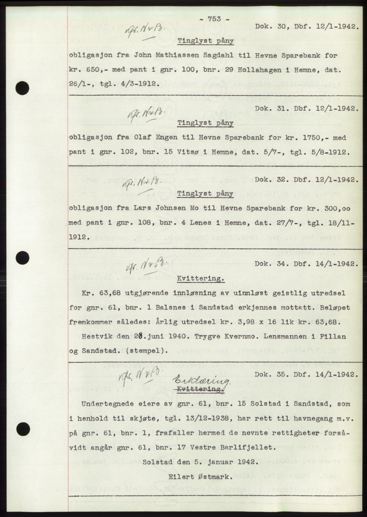 Hitra sorenskriveri, AV/SAT-A-0018/2/2C/2Ca: Mortgage book no. C1, 1936-1945, Diary no: : 30/1942