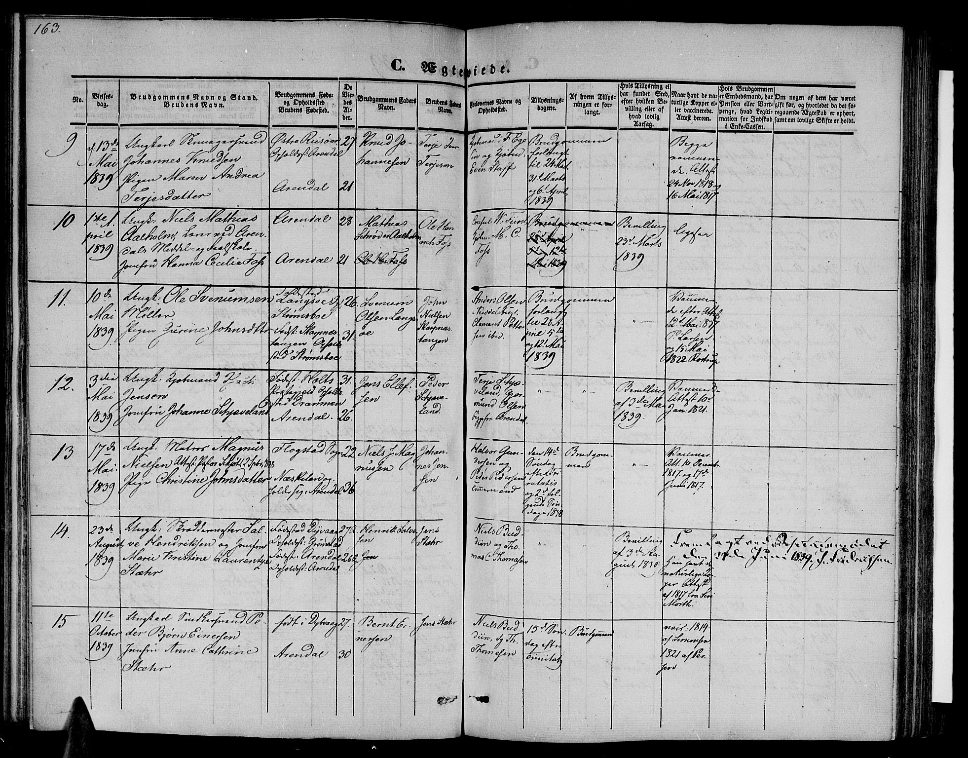 Arendal sokneprestkontor, Trefoldighet, SAK/1111-0040/F/Fb/L0002: Parish register (copy) no. B 2, 1838-1860, p. 163