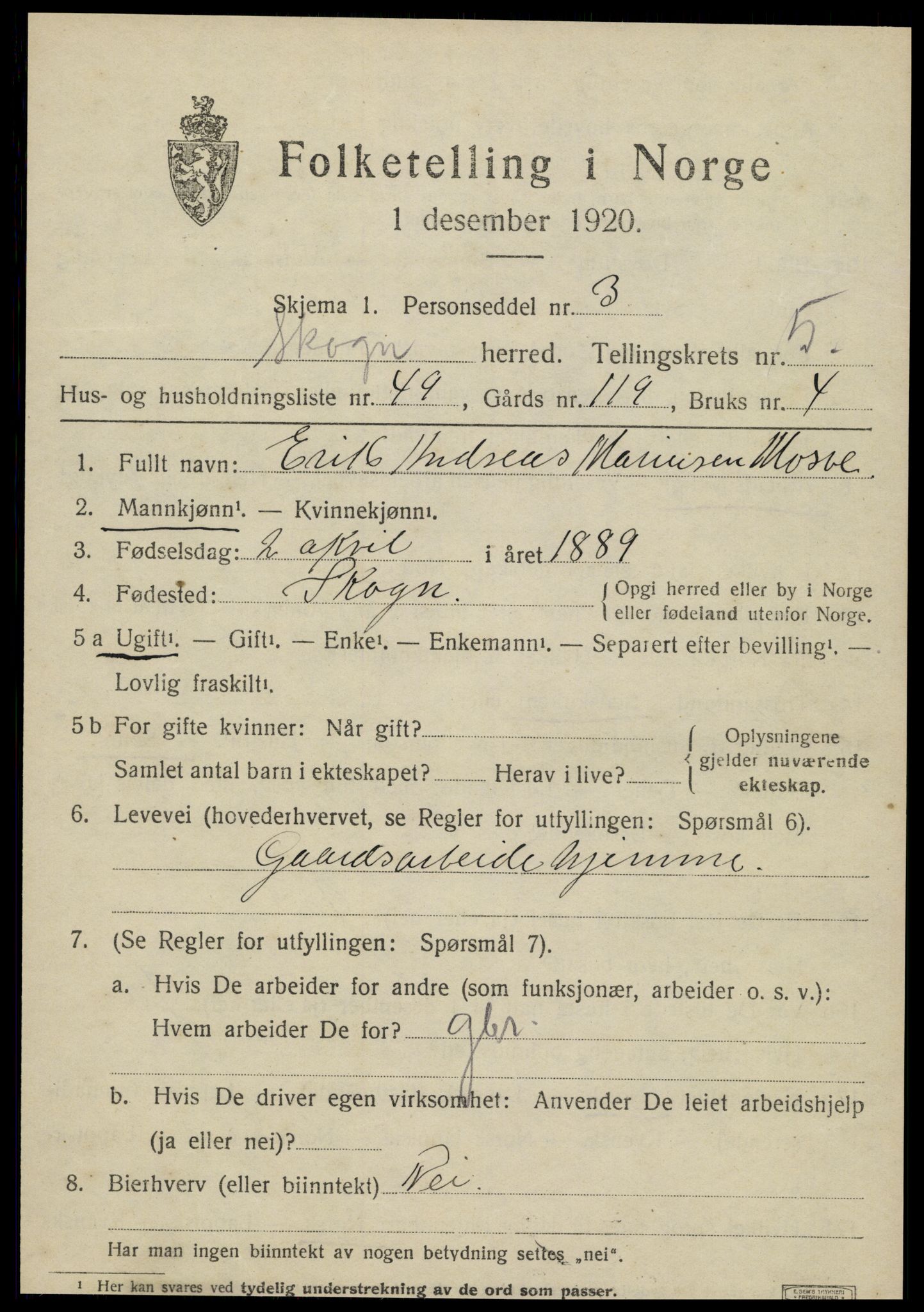 SAT, 1920 census for Skogn, 1920, p. 7001