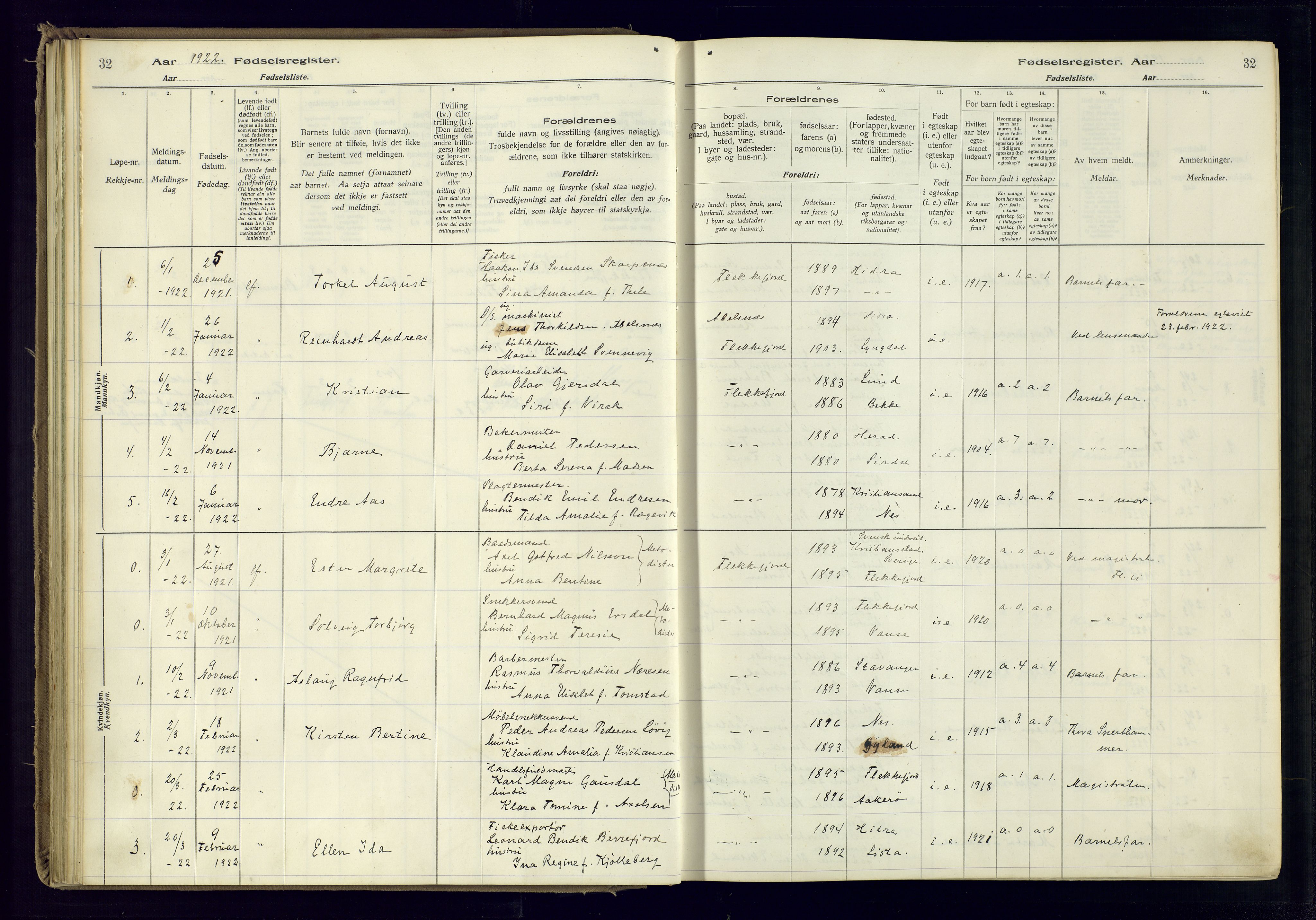 Flekkefjord sokneprestkontor, AV/SAK-1111-0012/J/Ja/L0001: Birth register no. 1, 1916-1948, p. 32