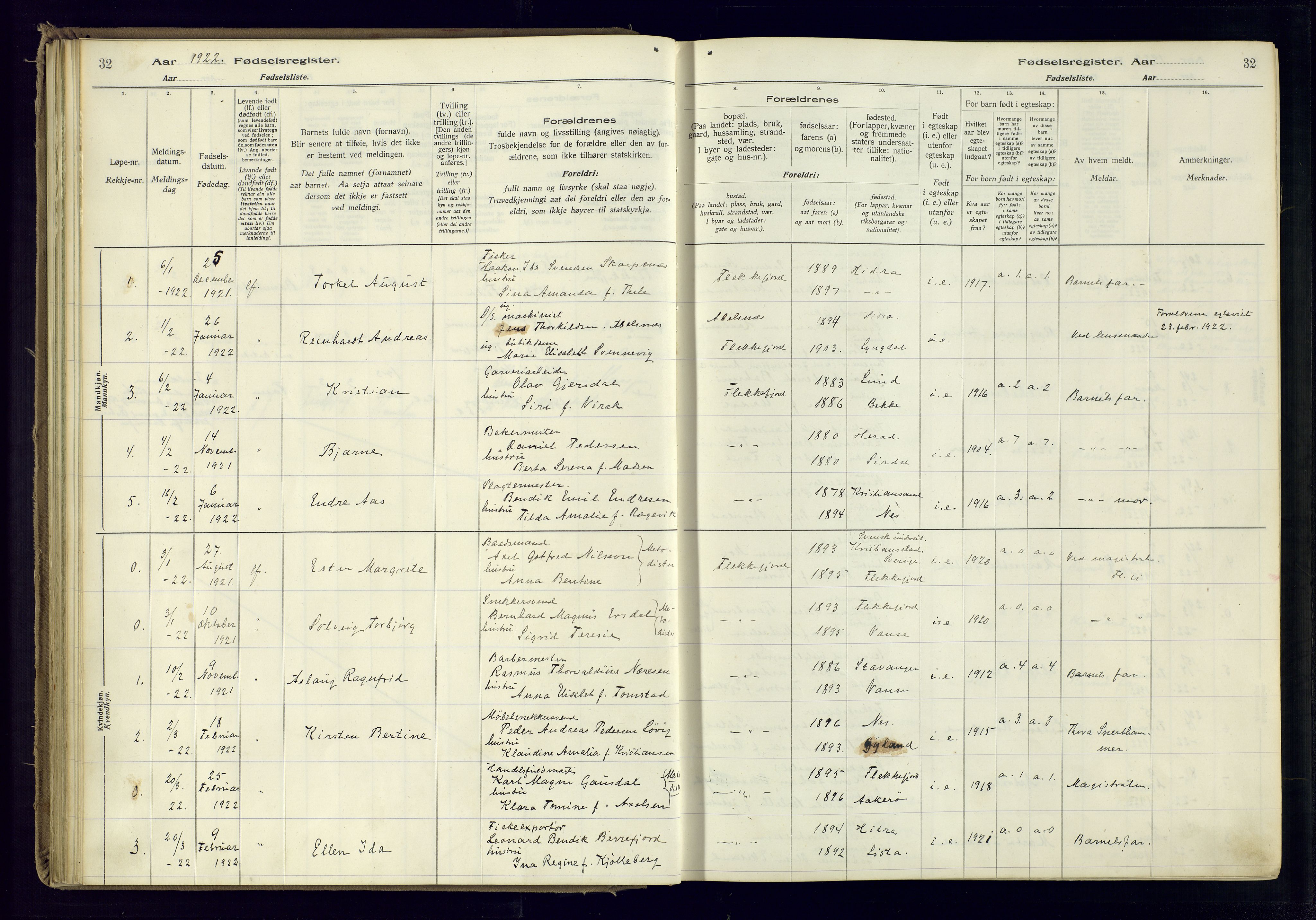 Flekkefjord sokneprestkontor, SAK/1111-0012/J/Ja/L0001: Birth register no. 1, 1916-1948, p. 32