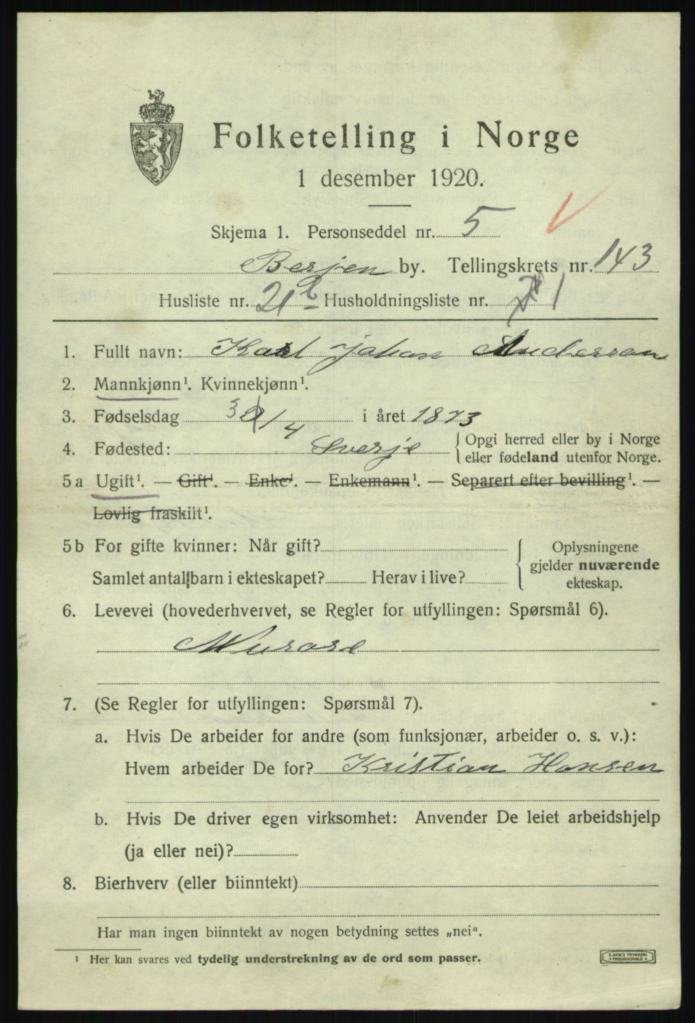 SAB, 1920 census for Bergen, 1920, p. 239361