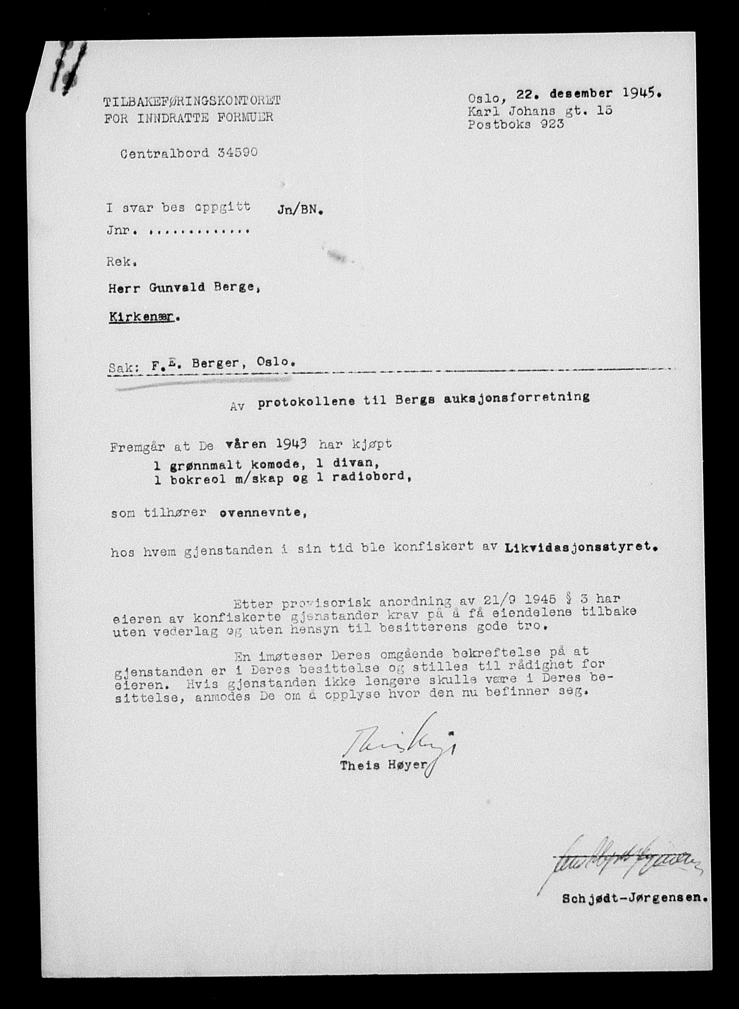 Justisdepartementet, Tilbakeføringskontoret for inndratte formuer, AV/RA-S-1564/H/Hc/Hcc/L0921: --, 1945-1947, p. 7