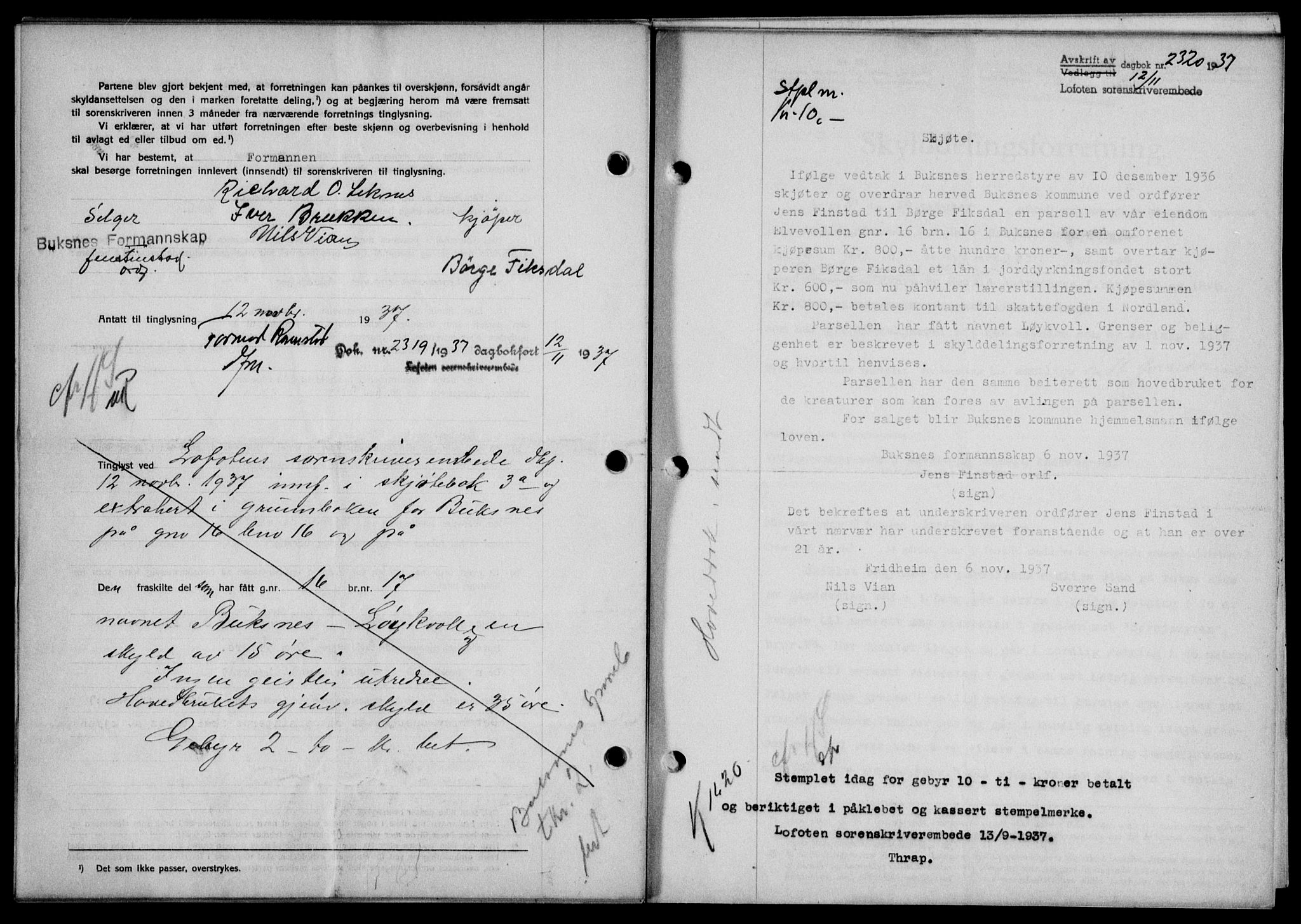 Lofoten sorenskriveri, SAT/A-0017/1/2/2C/L0003a: Mortgage book no. 3a, 1937-1938, Diary no: : 2320/1937