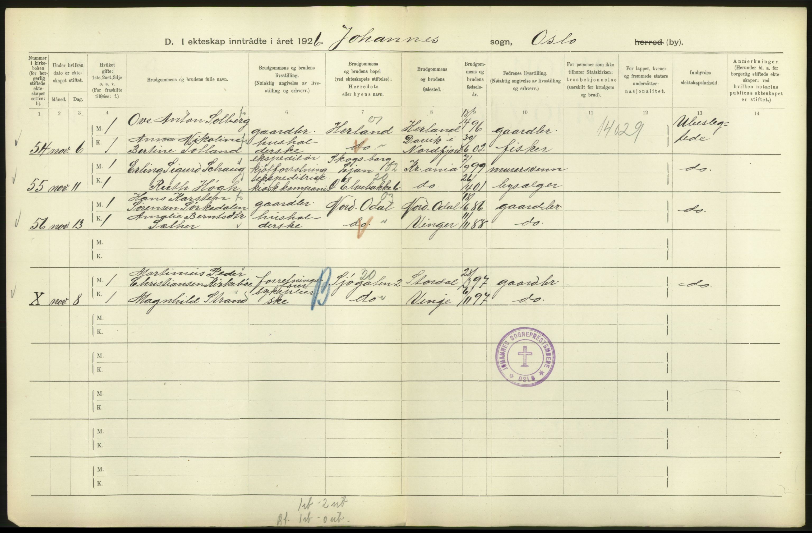 Statistisk sentralbyrå, Sosiodemografiske emner, Befolkning, AV/RA-S-2228/D/Df/Dfc/Dfcf/L0008: Oslo: Gifte, 1926, p. 160