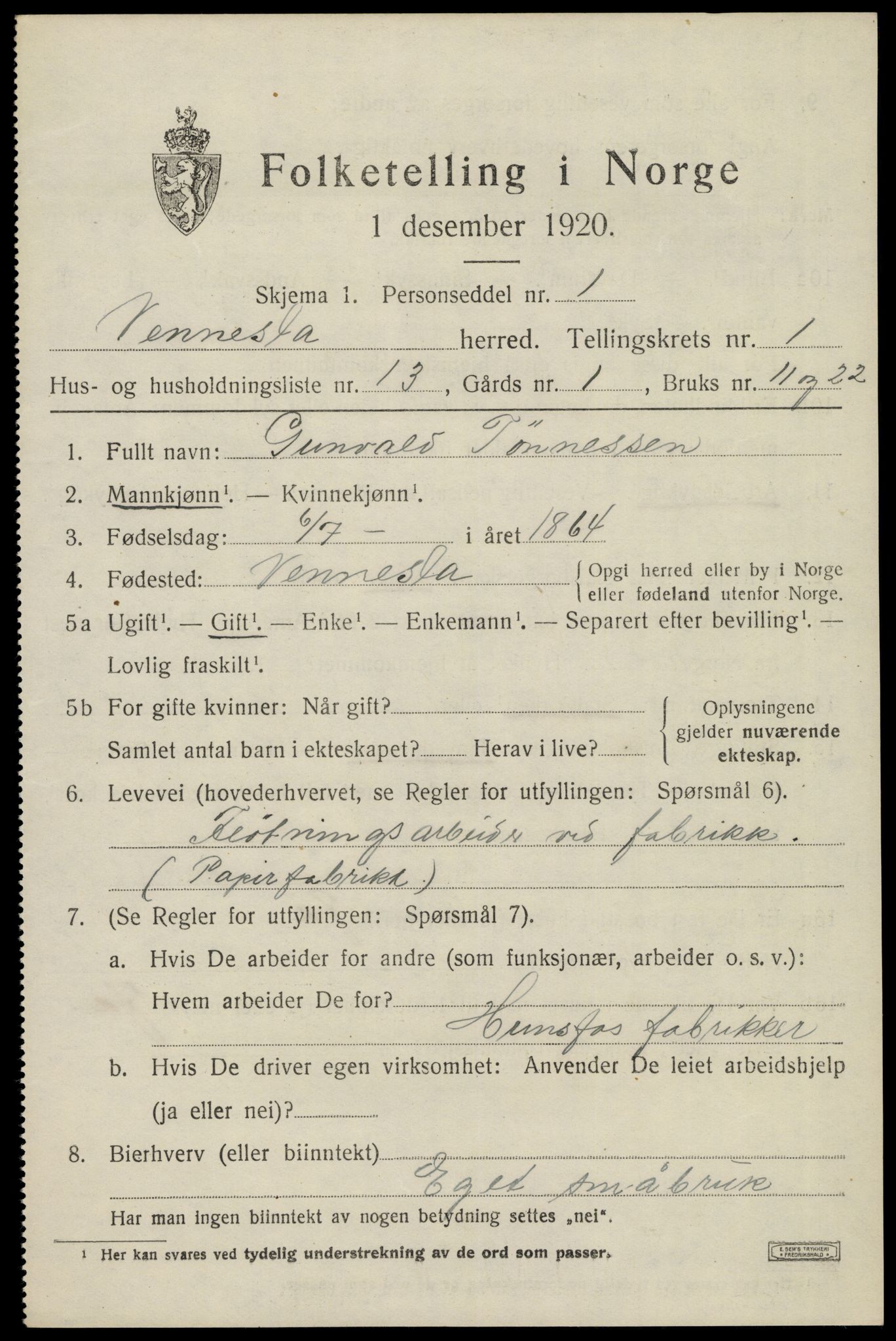 SAK, 1920 census for Vennesla, 1920, p. 1044