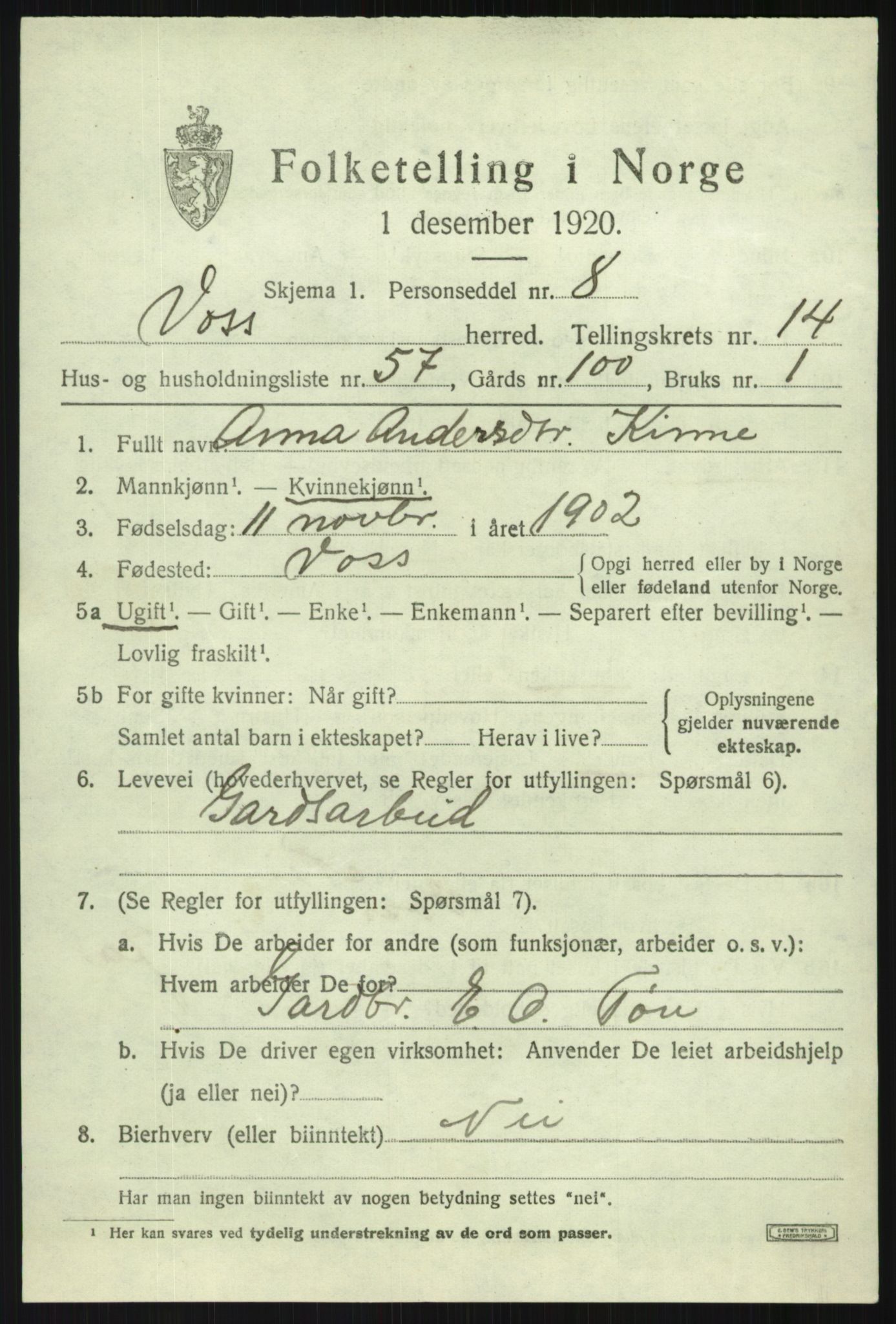 SAB, 1920 census for Voss, 1920, p. 12491