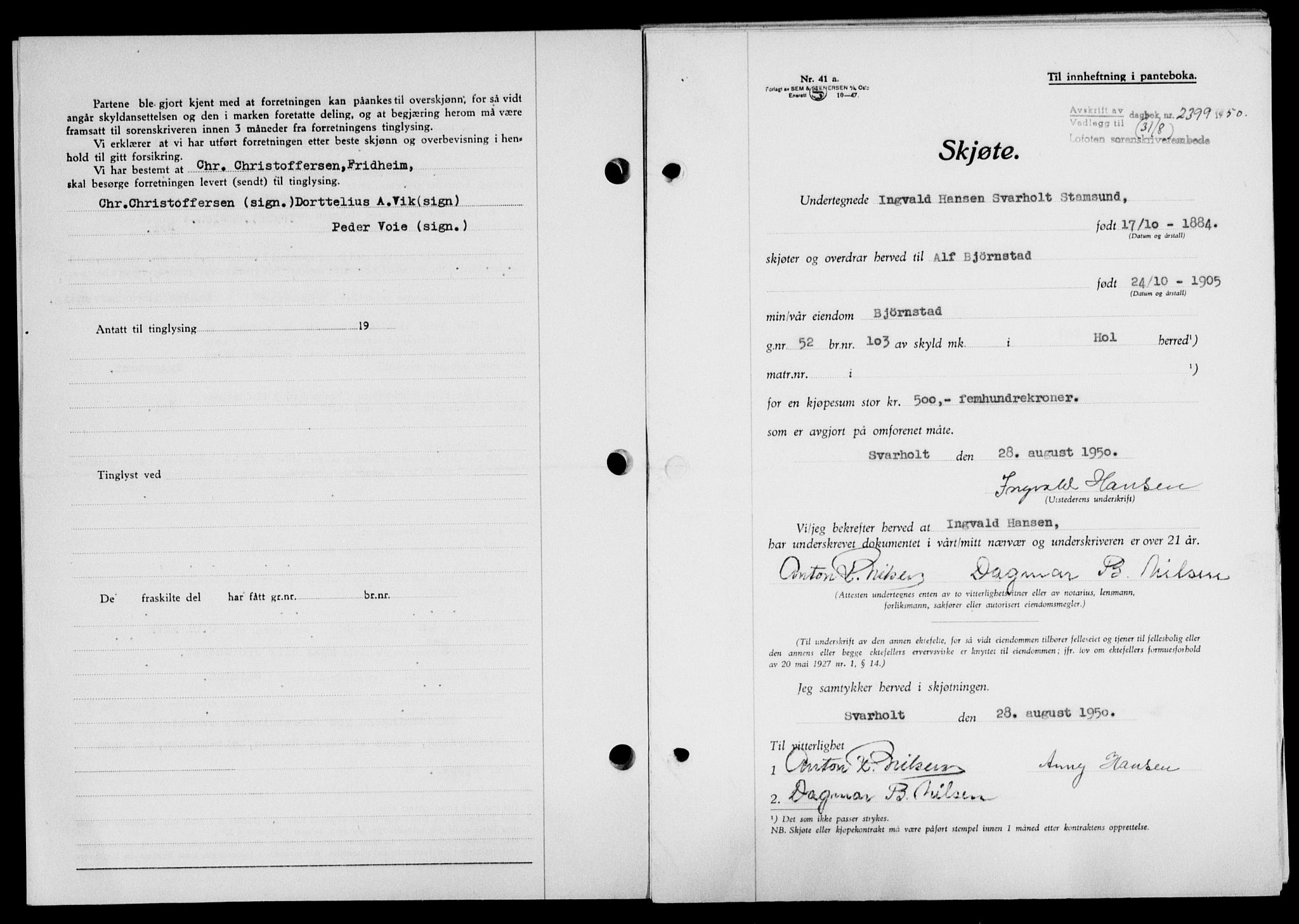 Lofoten sorenskriveri, SAT/A-0017/1/2/2C/L0024a: Mortgage book no. 24a, 1950-1950, Diary no: : 2399/1950