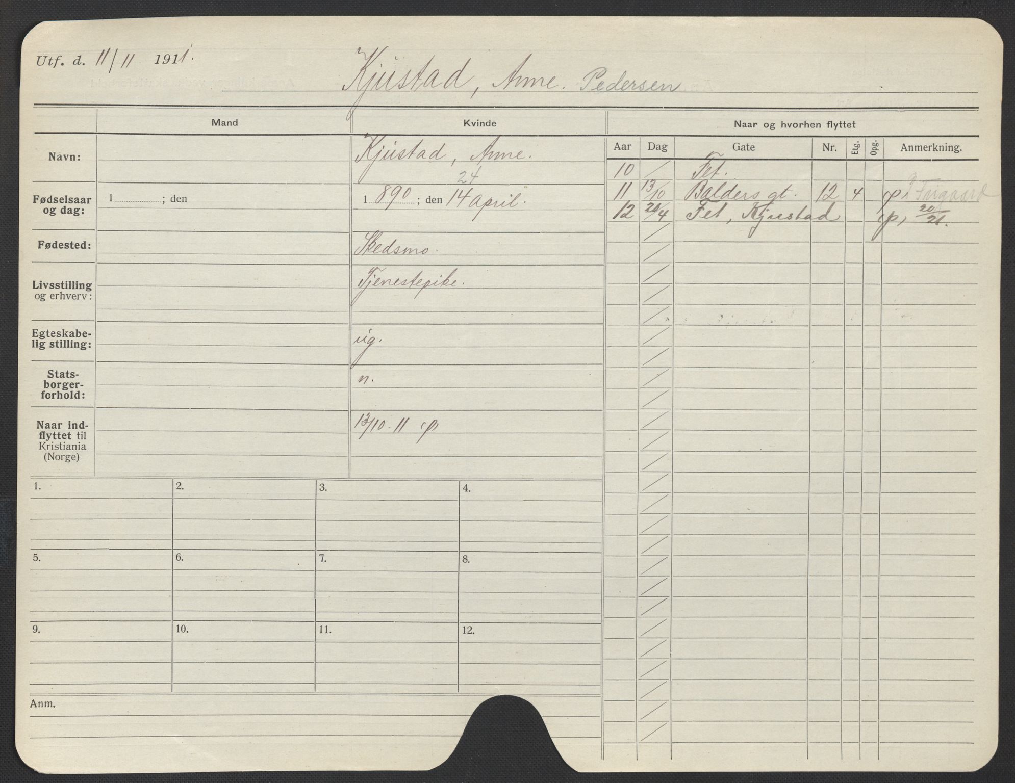 Oslo folkeregister, Registerkort, SAO/A-11715/F/Fa/Fac/L0018: Kvinner, 1906-1914, p. 1079a