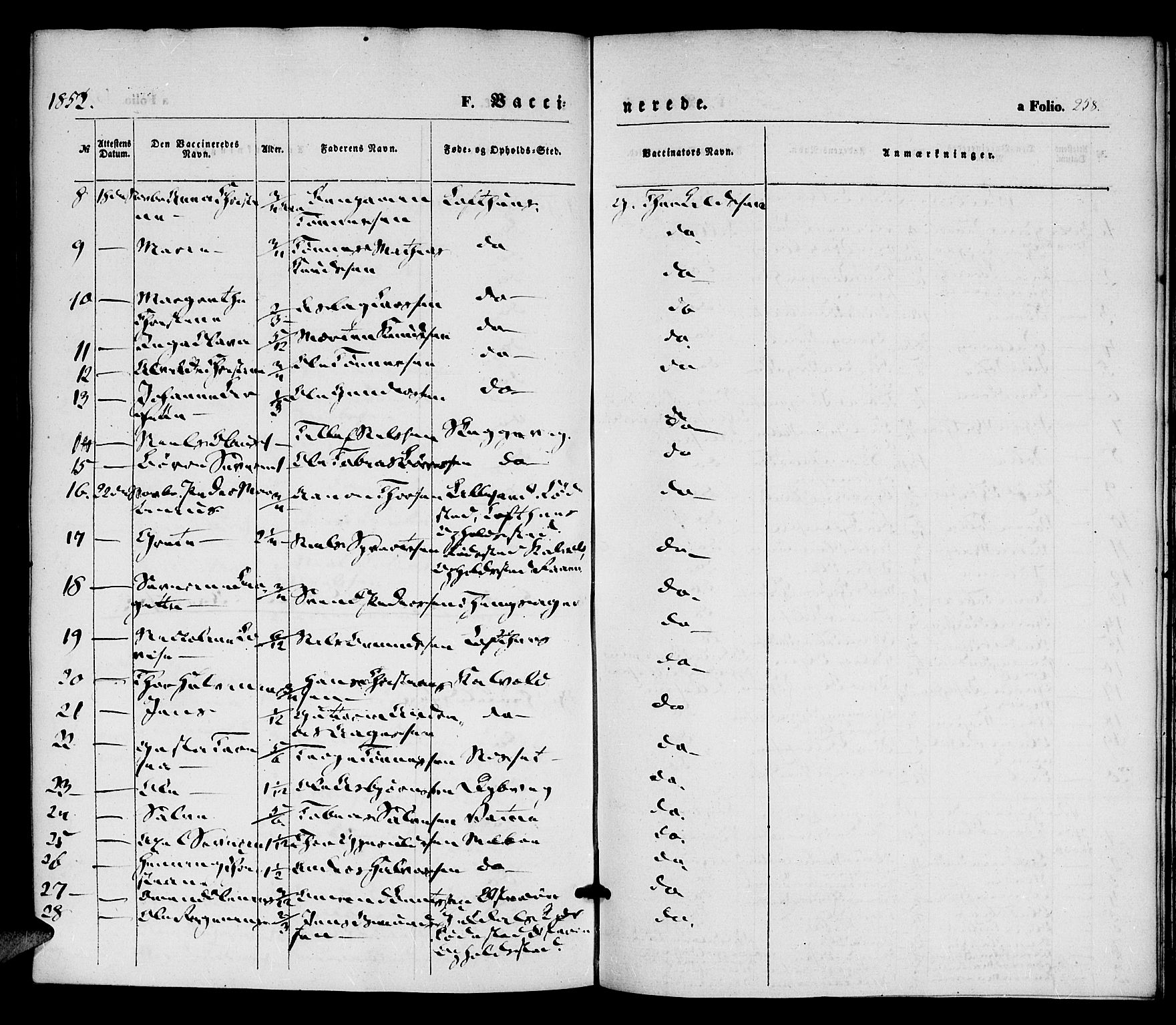 Vestre Moland sokneprestkontor, AV/SAK-1111-0046/F/Fa/Fab/L0006: Parish register (official) no. A 6, 1850-1858, p. 258