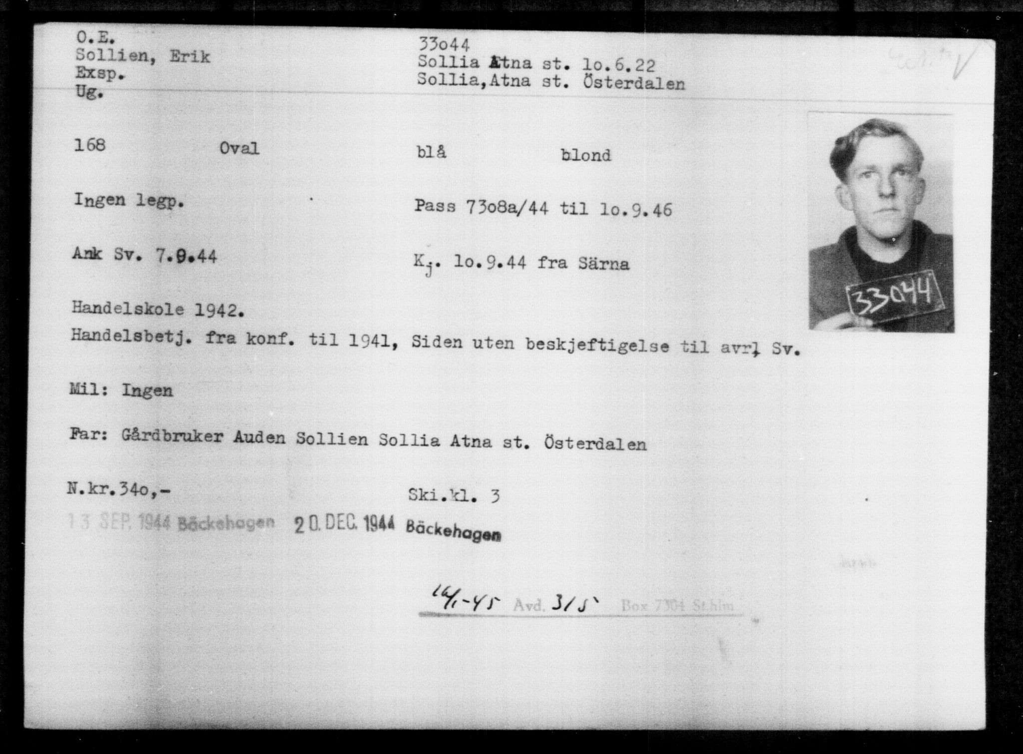 Utenriksstasjonene, Legasjonen i Stockholm, Flyktningkontoret, AV/RA-S-6753/V/Va/L0013: Kjesäterkartoteket, flyktninger med registreringsnr. 31500-34731, 1940-1945, p. 1618