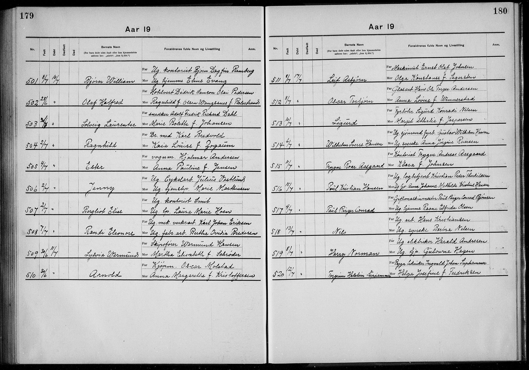 Rikshospitalet prestekontor Kirkebøker, SAO/A-10309b/K/L0006/0003: Baptism register no. 6.3, 1908-1910, p. 179-180