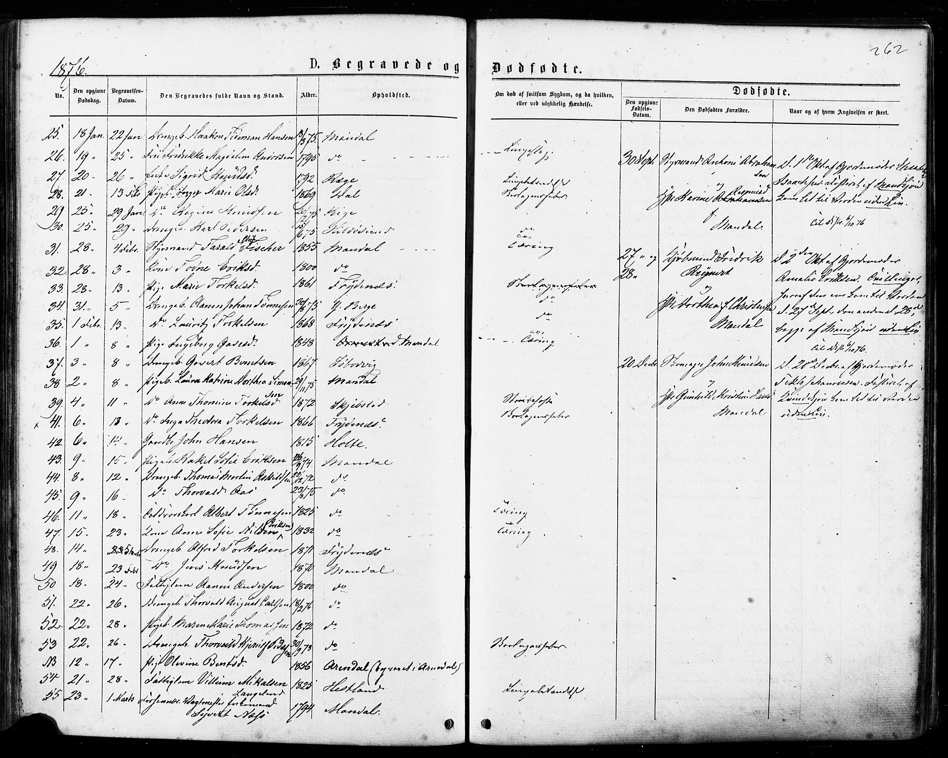 Mandal sokneprestkontor, SAK/1111-0030/F/Fa/Faa/L0015: Parish register (official) no. A 15, 1873-1879, p. 262