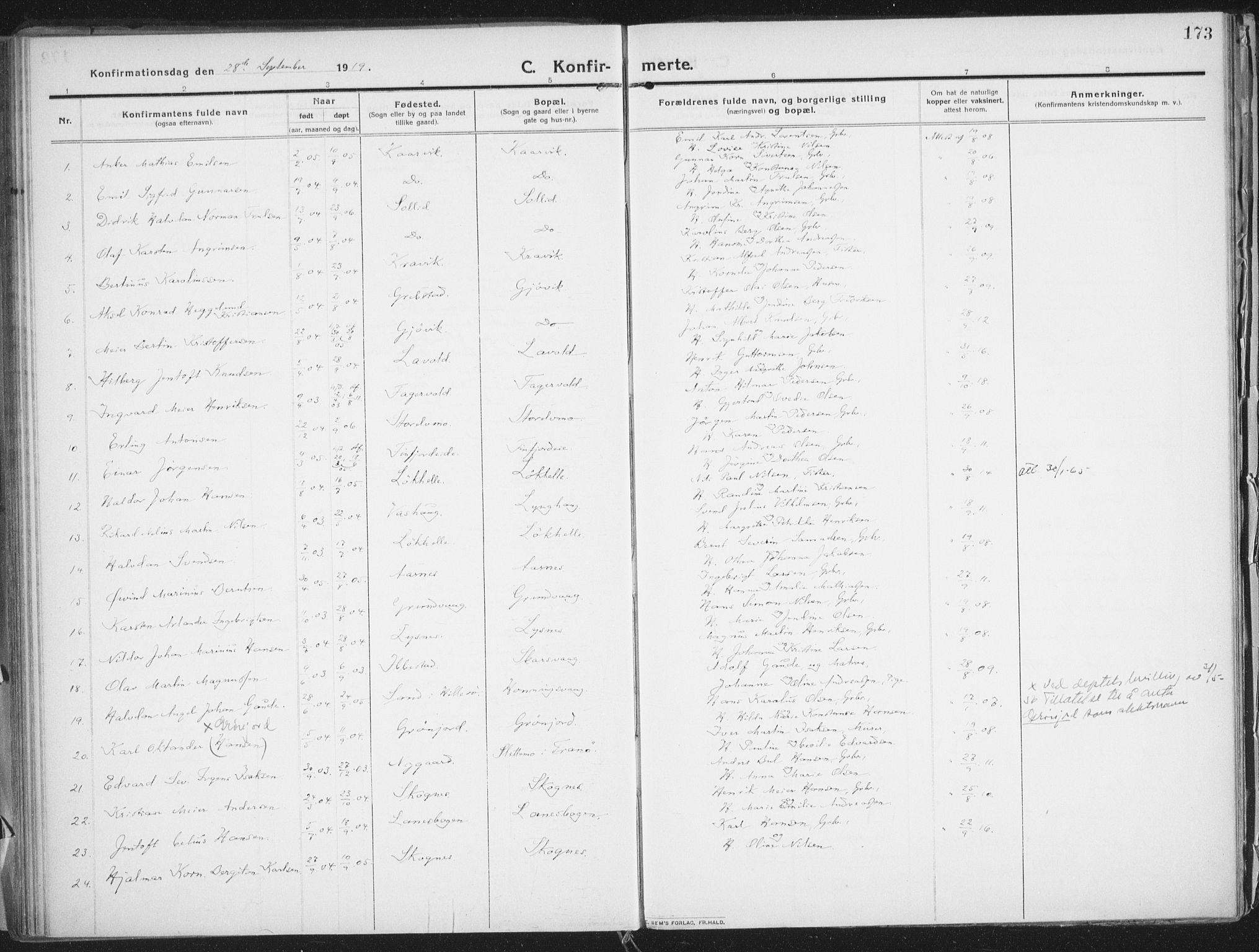 Lenvik sokneprestembete, AV/SATØ-S-1310/H/Ha/Haa/L0016kirke: Parish register (official) no. 16, 1910-1924, p. 173