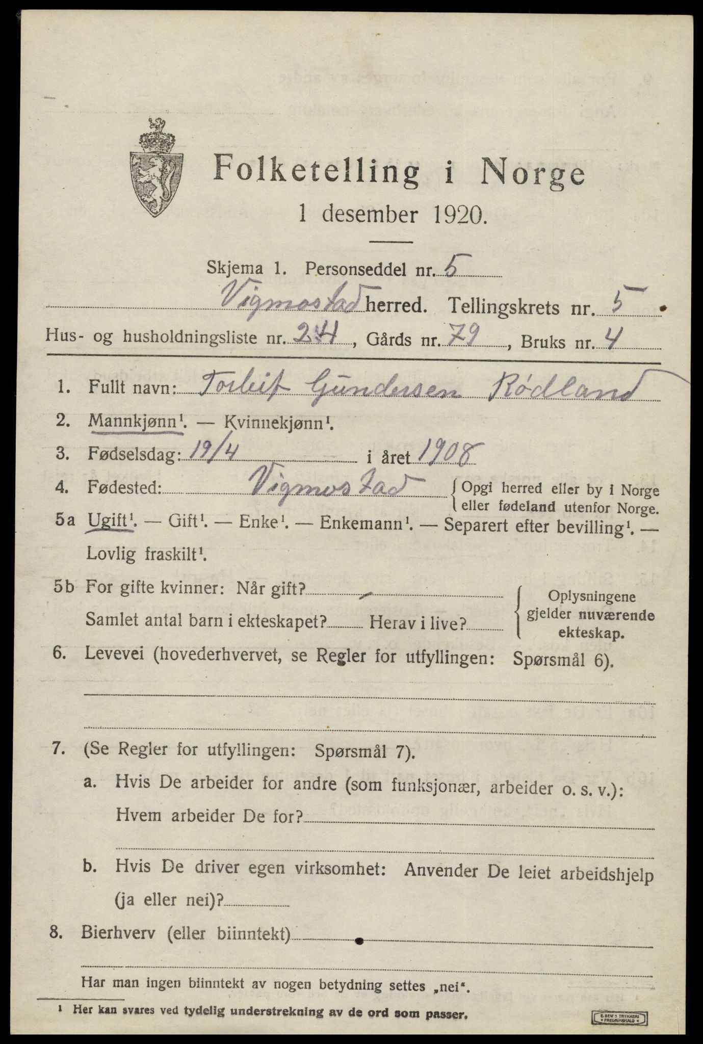 SAK, 1920 census for Vigmostad, 1920, p. 1907