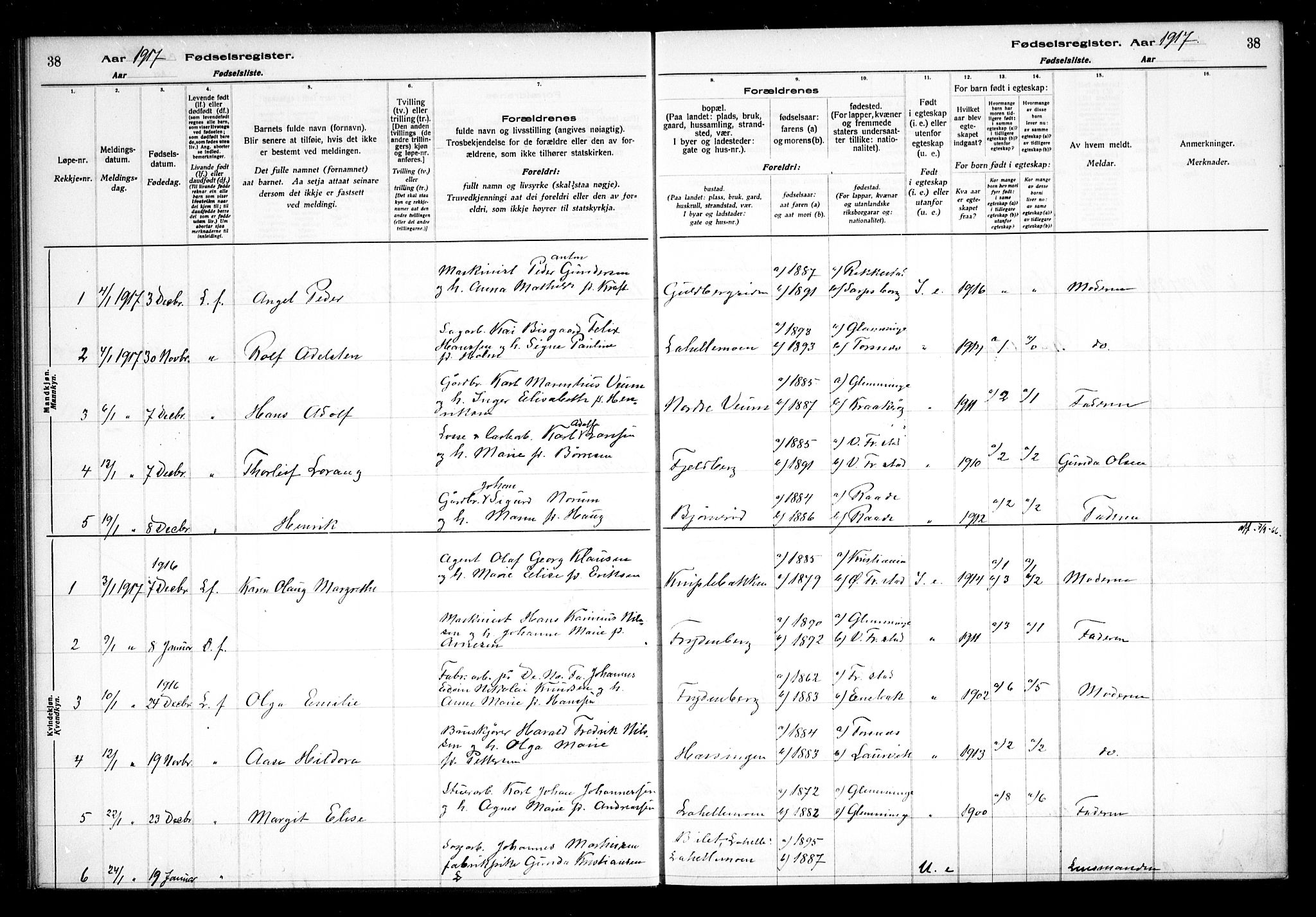 Glemmen prestekontor Kirkebøker, SAO/A-10908/J/Ja/L0001: Birth register no. I 1, 1916-1922, p. 38