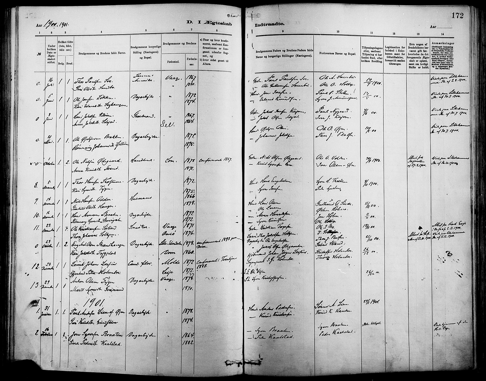 Vågå prestekontor, SAH/PREST-076/H/Ha/Haa/L0009: Parish register (official) no. 9, 1886-1904, p. 172