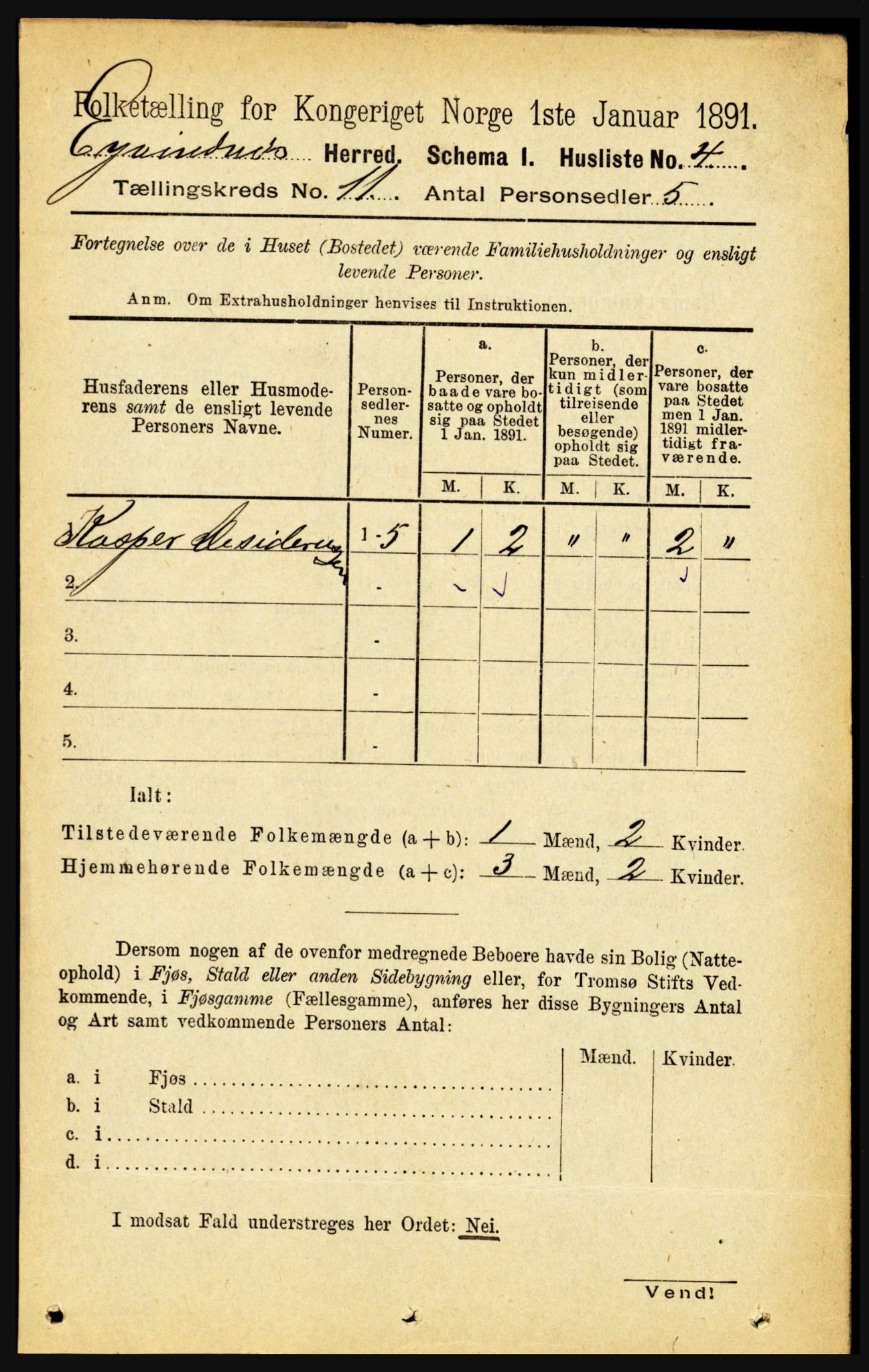 RA, 1891 census for 1853 Evenes, 1891, p. 3426