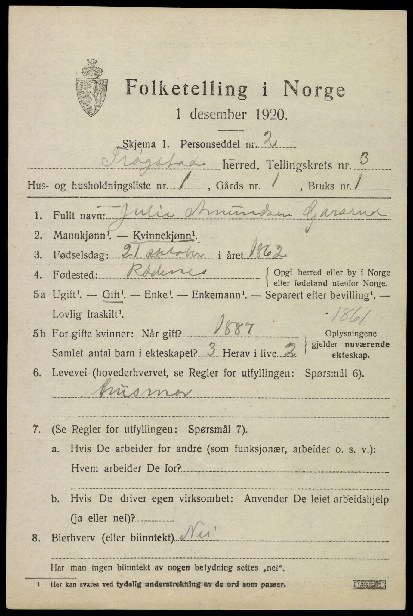 SAO, 1920 census for Trøgstad, 1920, p. 3126