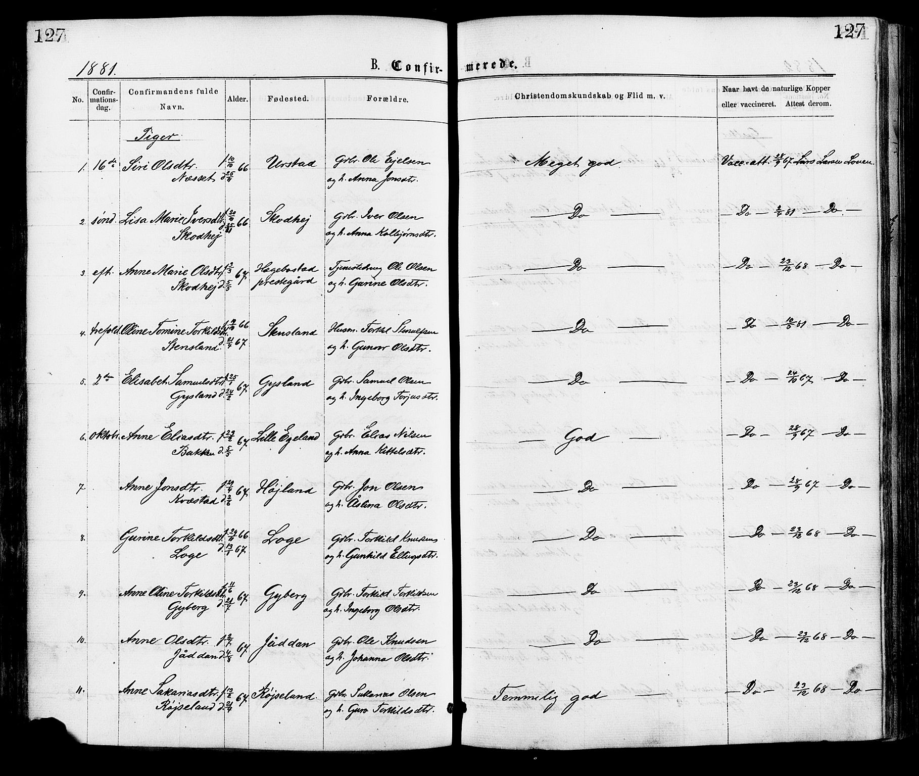 Hægebostad sokneprestkontor, AV/SAK-1111-0024/F/Fa/Faa/L0005: Parish register (official) no. A 5, 1864-1886, p. 127