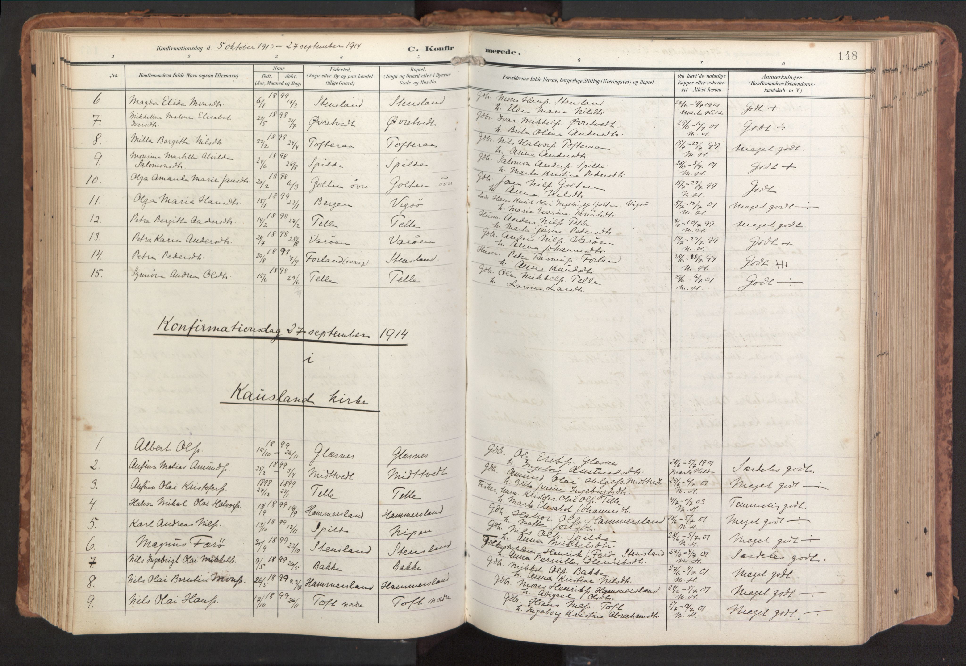 Sund sokneprestembete, AV/SAB-A-99930: Parish register (official) no. B 2, 1907-1926, p. 148